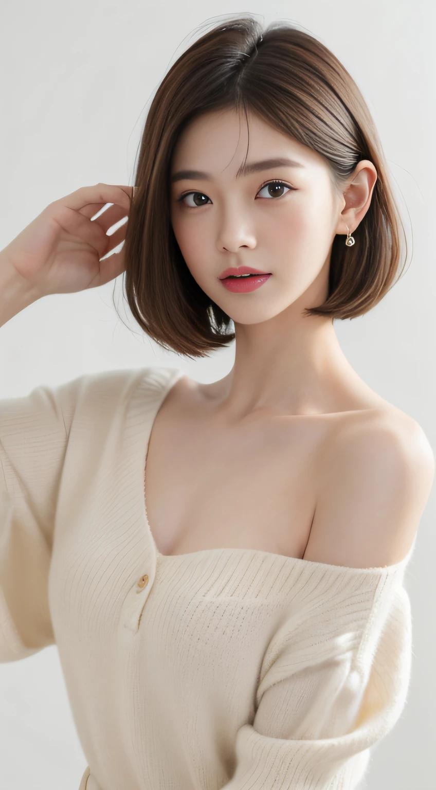((​masterpiece、top-quality、high-detail))、Upright landscape：1.2、Full Body Female 1.2,((dark brown hair、Model body type：1.2))、Captures the top of the head,((short-cut,Very short),French Bob,Hides the skin,smock blouse,Cardigan,V-neck sweater,((Clear pure white skin)),((Japanese actressl,Japan idle,a japanese girl)),Beautuful Women,女の子1人、(Photorealsitic:1.4)、独奏、White background、with a pure white background、closes mouth、Happy smile,Smile happily、pretty black hair、Shorthair、big eye、Distinct double eyelids、Lashes、Put your ears out、long neck、Absolute area、skirt by the、(Cap、Draw all the shoulders)、sixteen years old、Attractive proportions、glowy skin、Clean collarbone、The face of the golden ratio、face perfect、Tear mole、Mole on the chest、bangss、Clean bangs、lipgloss、thin lipss、White-colored skin,