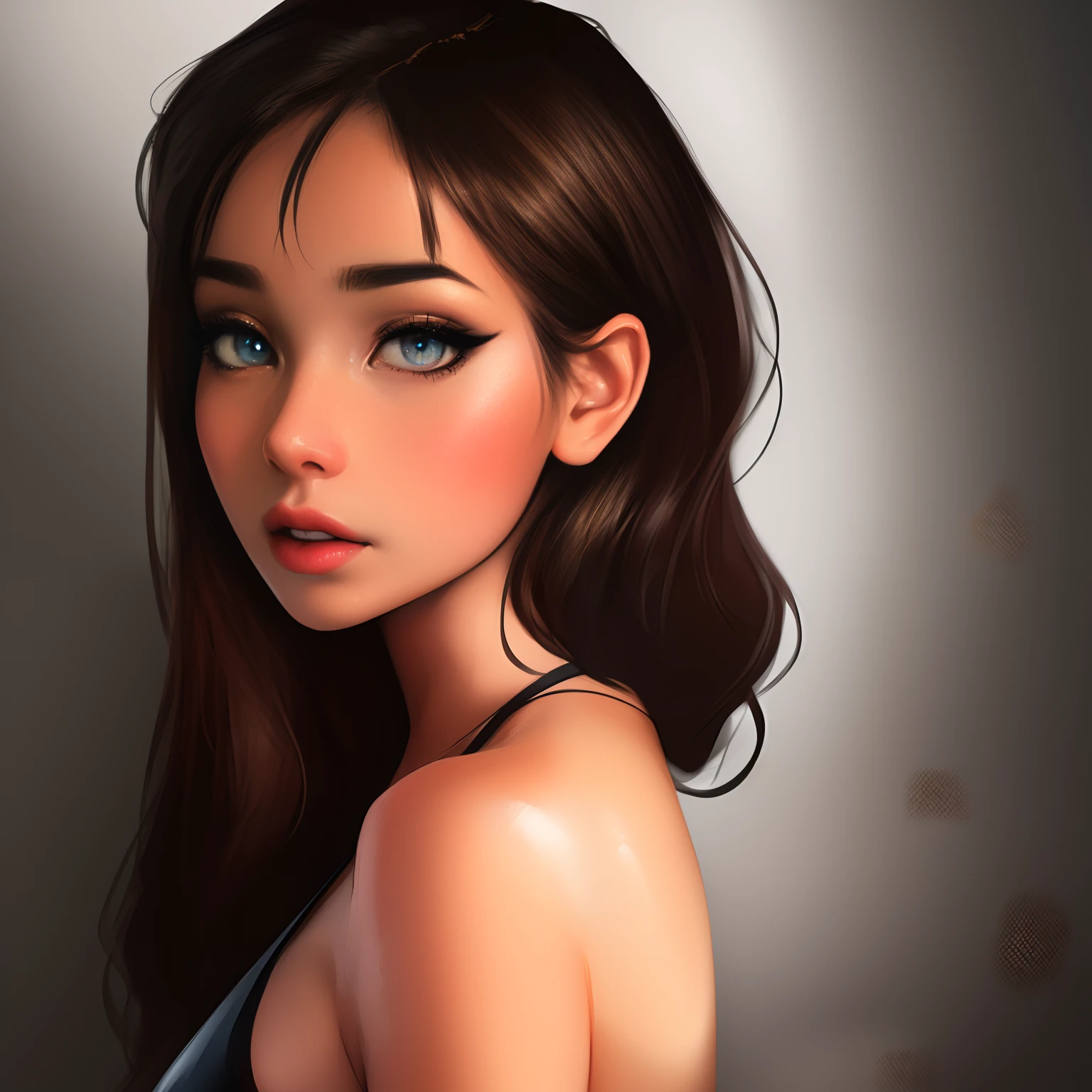 sam yang, 1girlhugebreasts, back, Bare shoulders, blue eyess, brown hair, 耳Nipple Ring, jewelry, res lips, length hair, looking looking at viewer, Look back, choker necklace, Exposed shoulder, Parting lips, Portrait, In the daytime, depth of fields,独奏,((tmasterpiece))