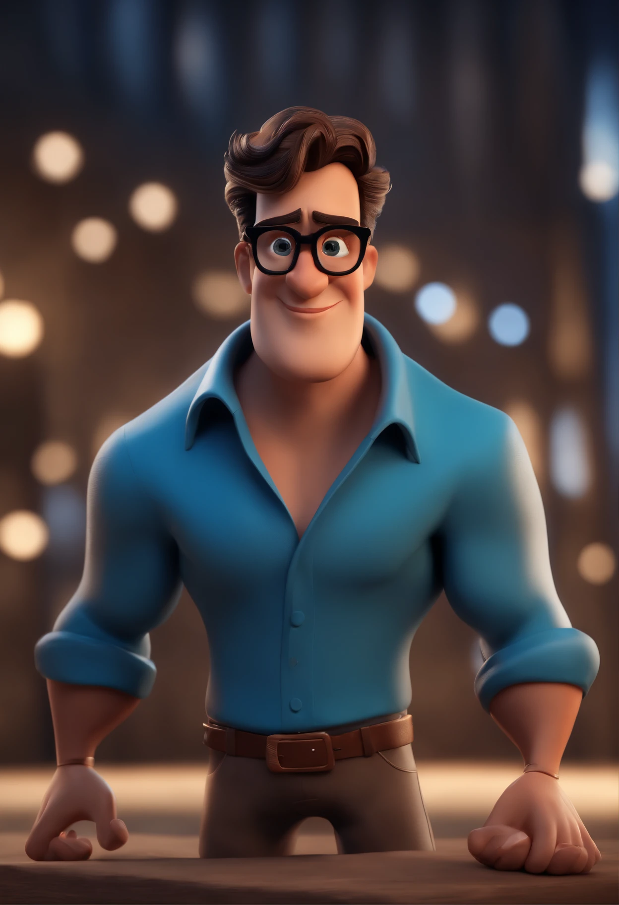 Cartoon character of a man with black glasses and a blue shirt, animation character, Caractere estilizado, animation style rendering, 3D estilizado, Arnold Maya render, 3 d render stylized, toon render keyshot, Personagem 3D, Personagem 3D, 3d rendering stylized, 3 d character render, personagem de desenho animado, Personagem de close up, Pose de personagem,  (Estilo Pixar) (master part:1.2) (Bokeh) (best quality) (pele detalhada) (textura detalhada) (8k) (argila) (Cinematic lighting) (foco nítido