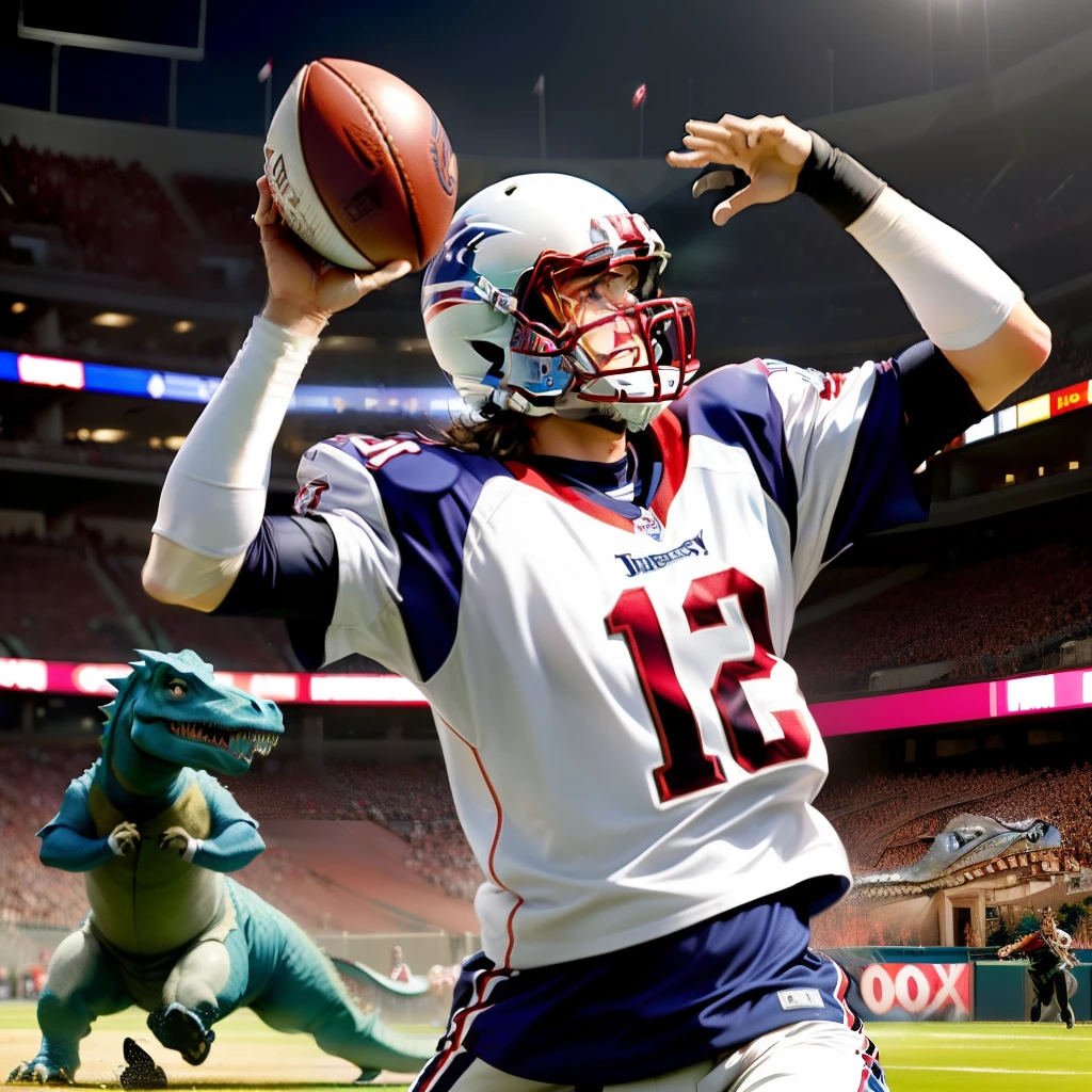 Tom Brady throwing a ball to a dinosaur