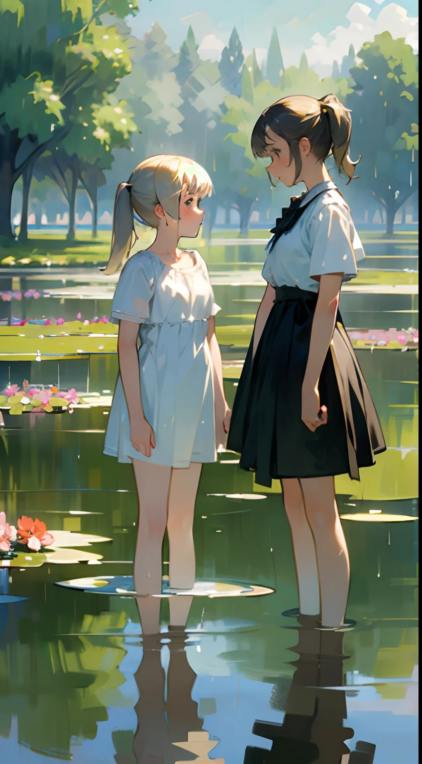 In Claude Monet style, Impressionism, (2girls), white camisole, 14 years old, one girl is short silver hair, one girl is blond pony tail, pond, ((wet)) curtsey