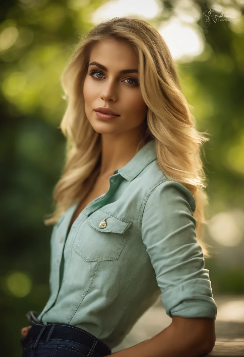 Mujer rubia con ojos verdes y una camisa blanca y jeans, muy sexy, joven, piernas largas, joven rubia, cabello rubio y ojos grandes, Young woman about 24 years old. influencia, latina, fondo parque.