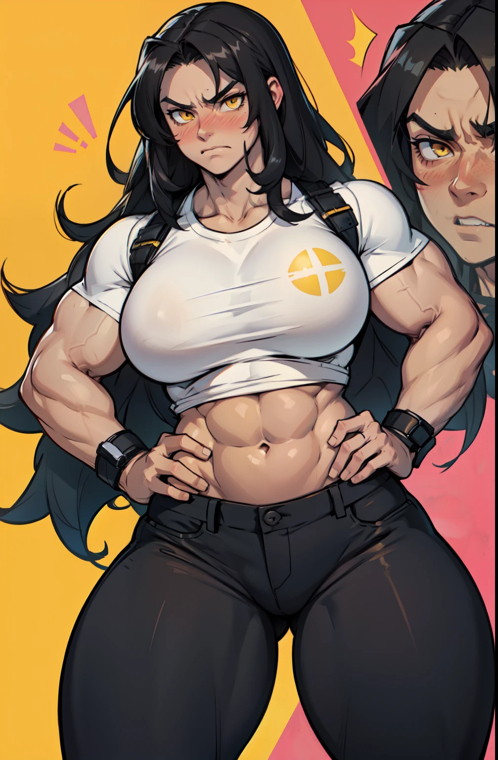 ((1 girl)), extremely long hair, solo, ((muscular)), veins, black hair, yellow eyes, blushing, (thick thighs), pale skin, strong, veins, abs, big thighs, (huge breasts), navel, standing, angry, tight pants, tight shirt