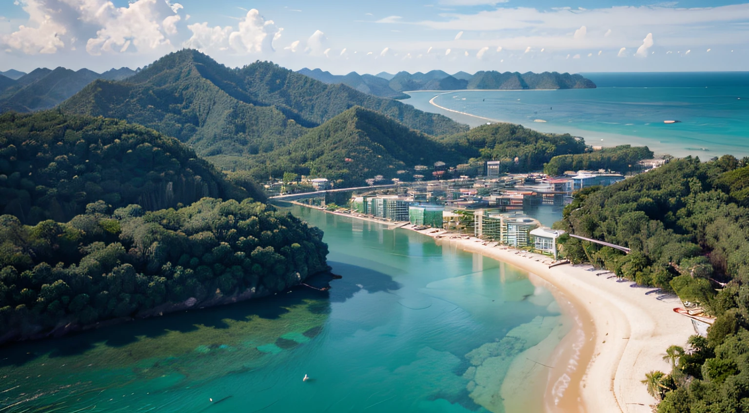 a hyper realistic photography of the an aerial view of the Burau Bay Beach in Langkawi in Langkawi, no people, Nikon D850 DSLR 4k camera, 100mm lens, F 1.2 aperture setting, bright and natural lighting, vibrant, fun and relaxing atmosphere