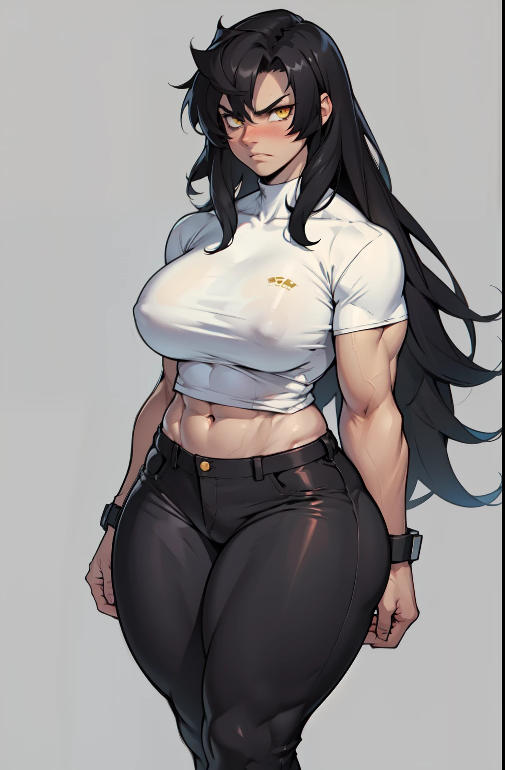 ((1 girl)), extremely long hair, solo, ((muscular)), veins, black hair, yellow eyes, blushing, (thick thighs), pale skin, strong, veins, abs, big thighs, (huge breasts), navel, standing, angry, tight pants, tight shirt