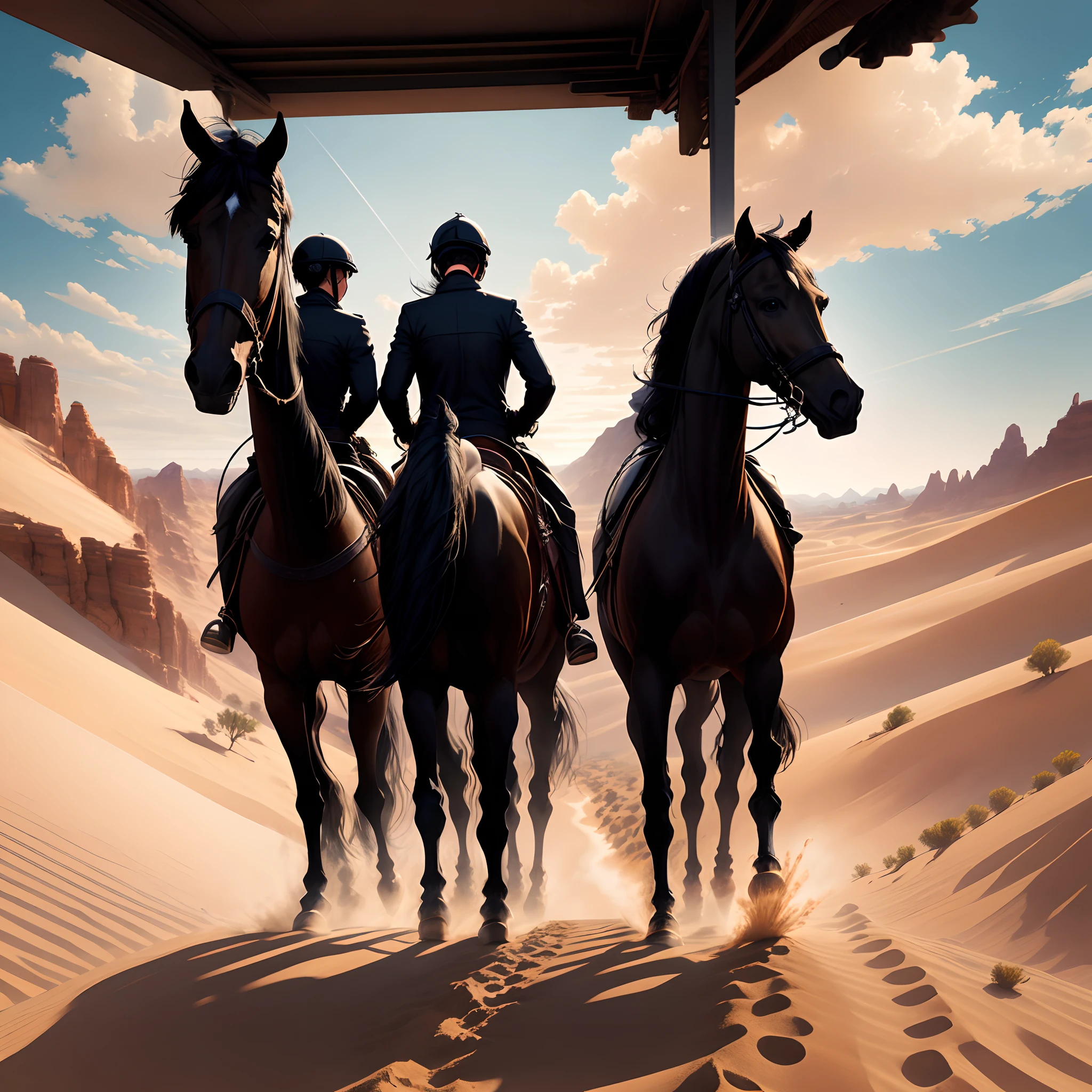 5 People with one a Black Horse going towards a city in the desert