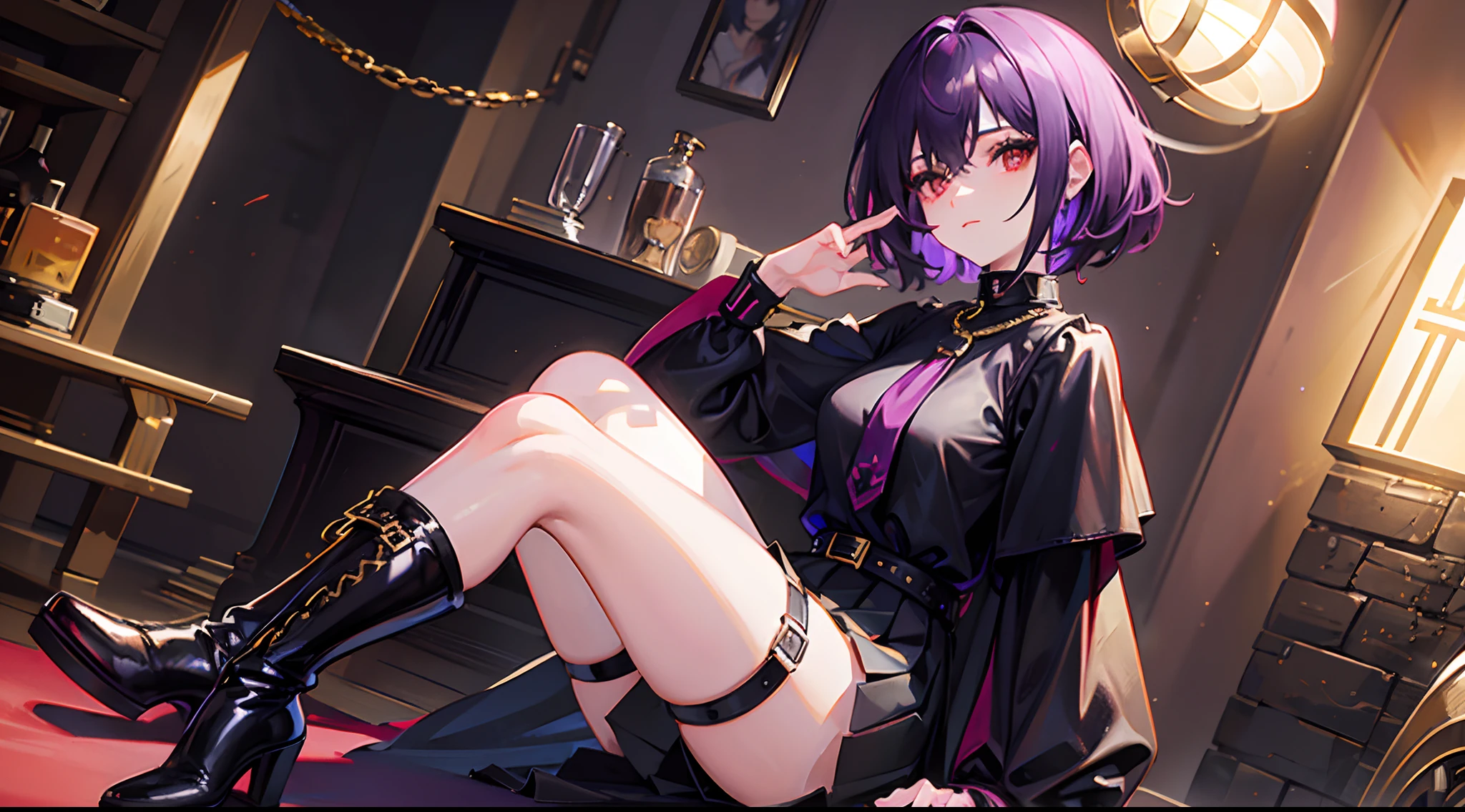 Goth Girl, Half Black half purple long hair, black lips, with makeup, Top without sleeves, short skin like Black skirt, gloves with hearth shaped hole,