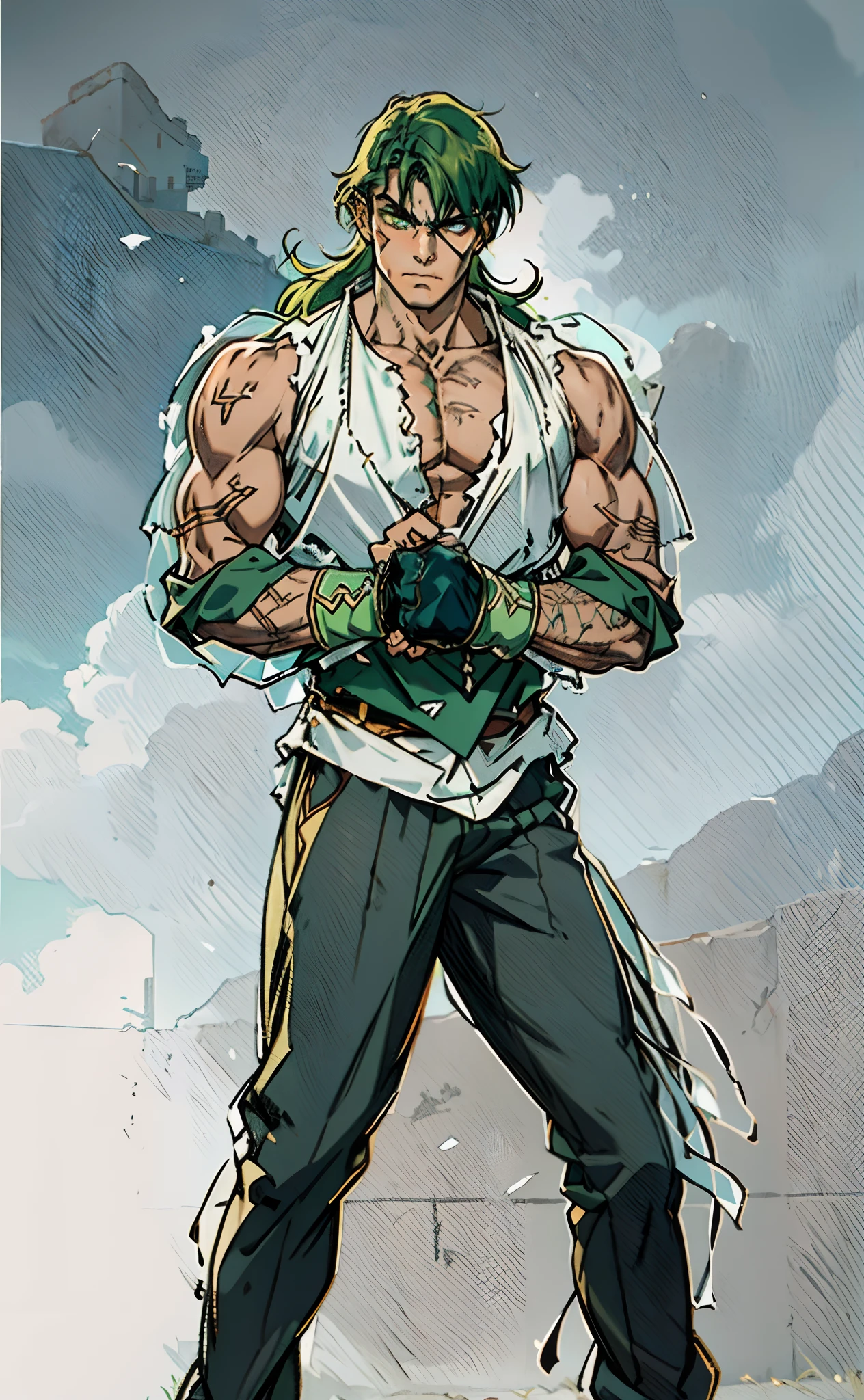 A young man, long orange-green hair, with the lengthy hair bangs covering most of his face, revealing a fierce gaze, a red stripe on the side of his face, a loose and simple sleeveless dark vest, exposing his sturdy muscles, wearing fabric wrist guards, coarse cloth trousers matching the outfit, he clenches his fists in front of his chest, assuming a combat-ready stance, the backdrop features a bustling market in a medieval fantasy-style setting, this character embodies a finely crafted fantasy-style street thug in anime style, characterized by an exquisite and mature manga illustration art style, high definition, best quality, highres, ultra-detailed, ultra-fine painting, extremely delicate, professional, anatomically correct, symmetrical face, extremely detailed eyes and face, high quality eyes, creativity, RAW photo, UHD, 8k, Natural light, cinematic lighting, masterpiece-anatomy-perfect, masterpiece:1.5