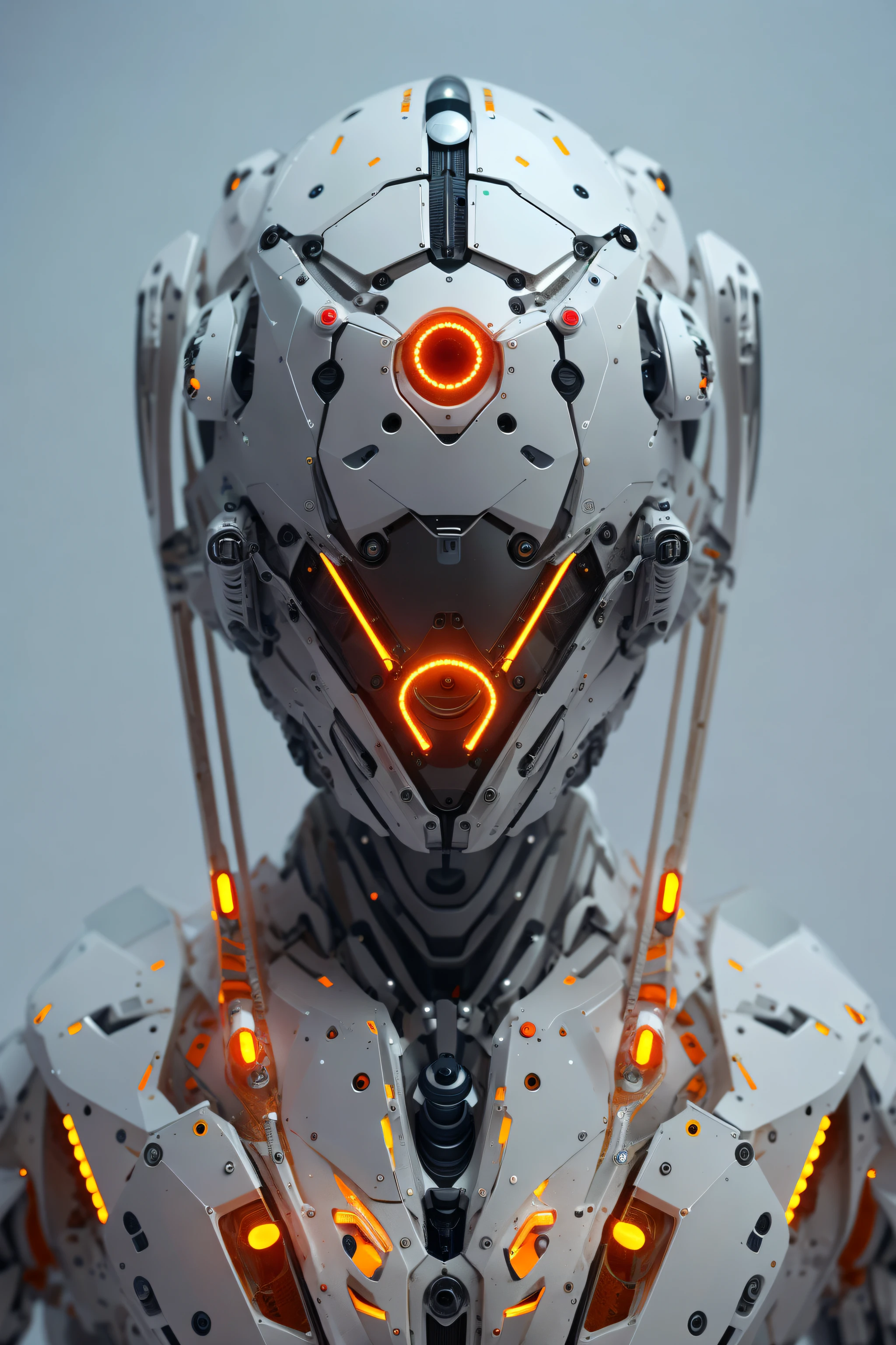 1 robot, organic, orange triangle glowing eyes, cyberhelmet, long hair, white plastic, diffuse lighting, fantasy, intricate, elegant, highly detailed, lifelike, photorealistic, smooth, sharp focus, art by John Collier and Albert Aublet and Krenz Cushart and Artem Demura, wires, tubes, dark room, dim light