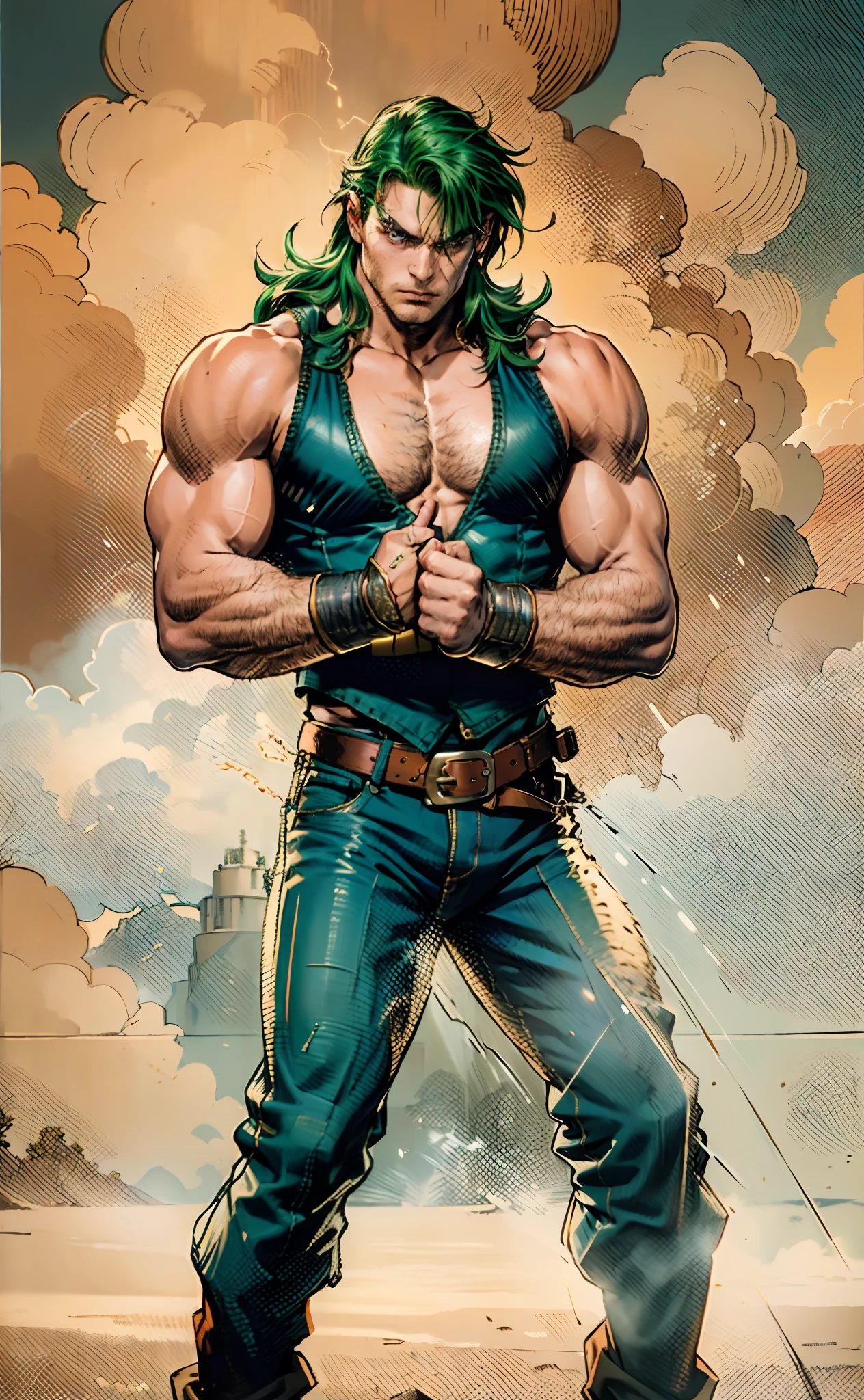 A young man, long orange-green hair, with the lengthy hair bangs covering most of his face, revealing a fierce gaze, a red stripe on the side of his face, a loose and simple sleeveless dark vest, exposing his sturdy muscles, wearing fabric wrist guards, coarse cloth trousers matching the outfit, he clenches his fists in front of his chest, assuming a combat-ready stance, the backdrop features a bustling market in a medieval fantasy-style setting, this character embodies a finely crafted fantasy-style street thug in anime style, characterized by an exquisite and mature manga illustration art style, high definition, best quality, highres, ultra-detailed, ultra-fine painting, extremely delicate, professional, anatomically correct, symmetrical face, extremely detailed eyes and face, high quality eyes, creativity, RAW photo, UHD, 8k, Natural light, cinematic lighting, masterpiece-anatomy-perfect, masterpiece:1.5