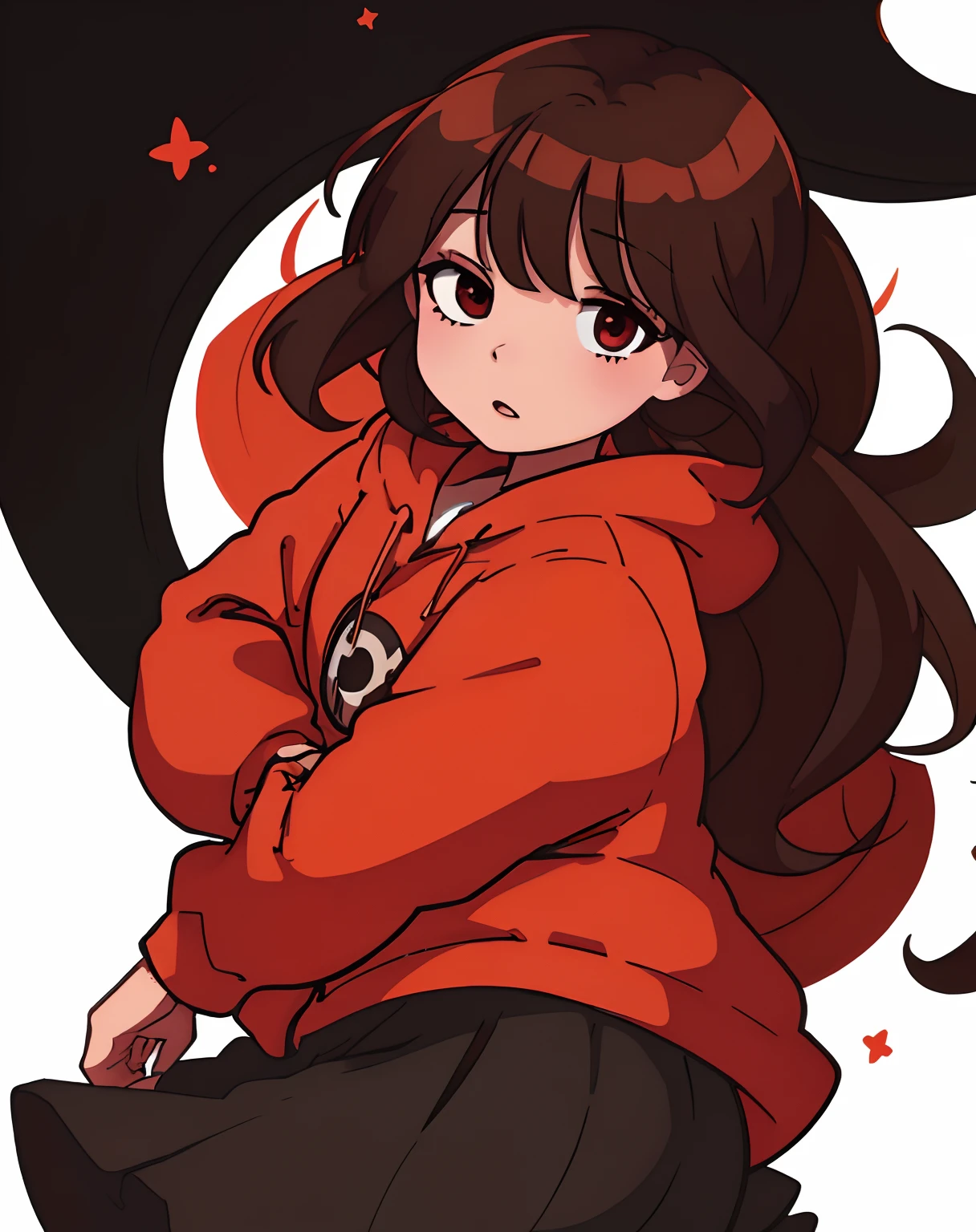 Brown hair. Anime girl. Red eye. Frowning. Black hoodie