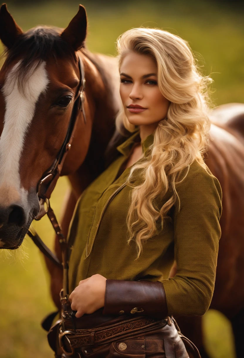 (Horse:1.3), Pants, cowboy shot, 1girl, blonde hair, cabelos longos, olhos verdes, sozinho, Ahoge,diafragma, Botas, sorrir, umbigo,belt, clivagem, quebrar,