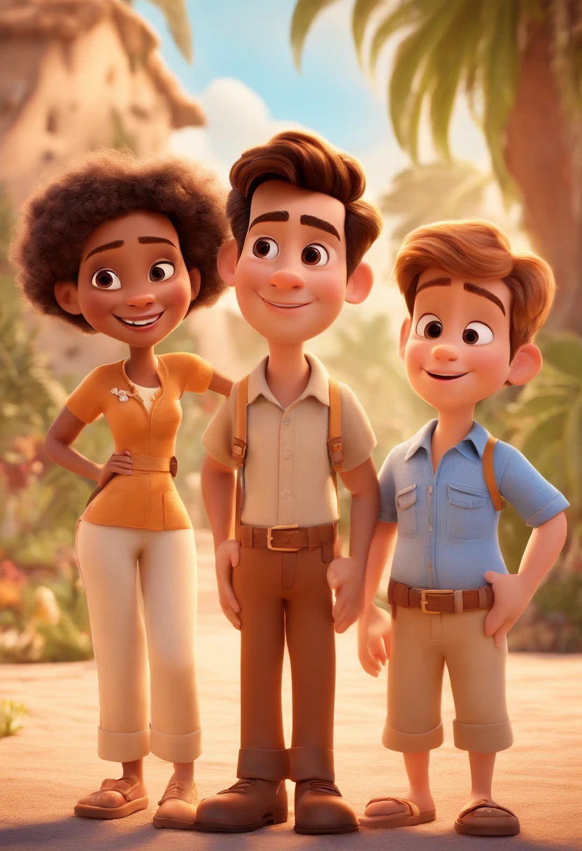 Cartoon of friends having fun on vacation together, 3D Animation Movie Poster, Poster de filme animado, pixar 3 d animation style, pixar renderman rendering, maia 8 mil, animated film, Disney Pixar Estilo 3D, amigos felizes saem juntos, all wearing light blue shirts and cream brown long pants, camisa azul clara, cream brown pants, ao ar livre, vacation, Disney Pixar Animation Poster
