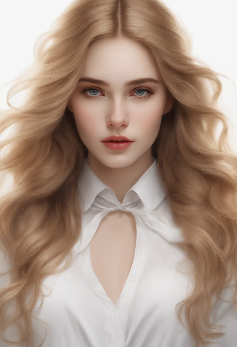 frontal image, conceptual art of the character, white background, full body, 1 girl, long and wavy golden hair down to her waist, simple and thin white shirt with long sleeves, jeans and black sneakers, 17y, extremely beautiful, melancholic features, reclusive and introverted posture, extremely eccentric beauty, domestic attire, needlepoint pen, piecework, sharp focus, extremely detailed, beautiful and aesthetic shape of face and body