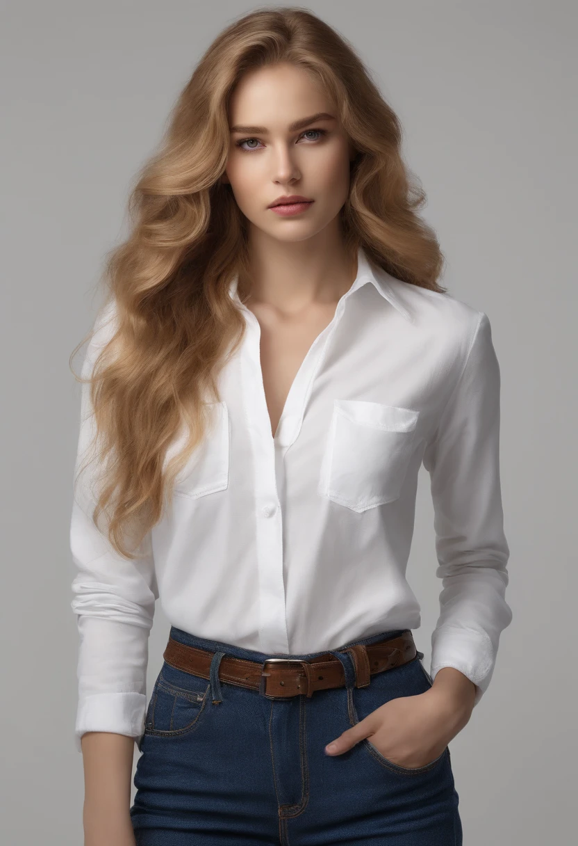 frontal image, conceptual art of the character, white background, full body, 1 girl, long and wavy golden hair down to her waist, simple and thin white shirt with long sleeves, jeans and black sneakers, 17y, extremely beautiful, melancholic features, reclusive and introverted posture, extremely eccentric beauty, domestic attire, needlepoint pen, piecework, sharp focus, extremely detailed, beautiful and aesthetic shape of face and body