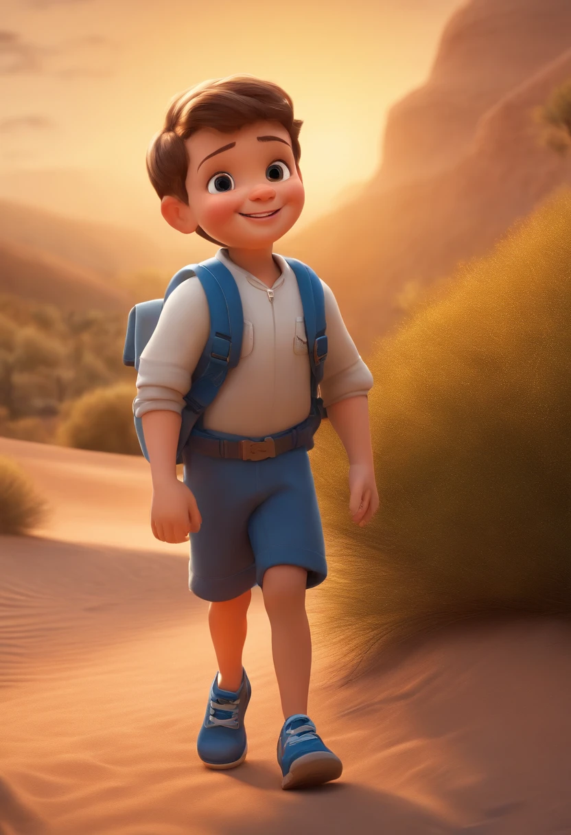 A happy cute child standing with short hair, Usa, Colete esportivo azul, Carregando uma mochila de cor clara, Eu me diverti muito andando no deserto, Estilo Pixar,。...3d, caricaturas, Detalhe Face, asymmetrical 16k