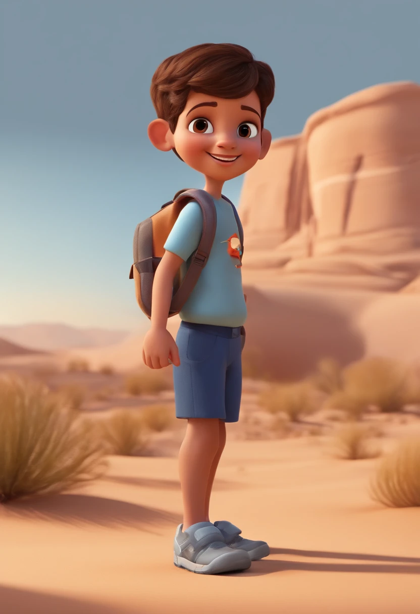 A happy cute child standing with short hair, Usa, Colete esportivo azul, Carregando uma mochila de cor clara, Eu me diverti muito andando no deserto, Estilo Pixar,。...3d, caricaturas, Detalhe Face, asymmetrical 16k