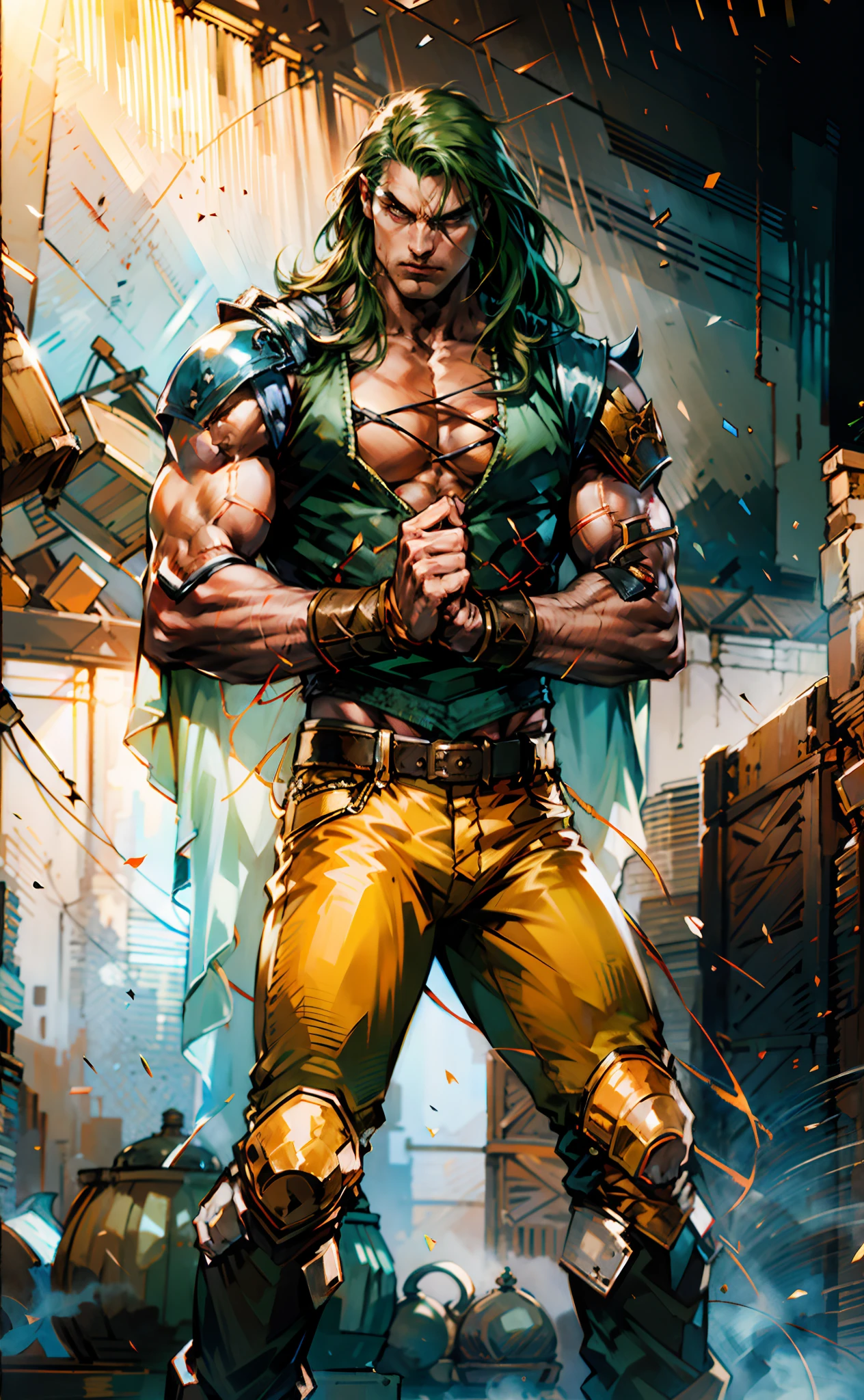 A young man, long orange-green hair, with the lengthy hair bangs covering most of his face, revealing a fierce gaze, a red stripe on the side of his face, a loose and simple sleeveless dark vest, exposing his sturdy muscles, wearing fabric wrist guards, coarse cloth trousers matching the outfit, he clenches his fists in front of his chest, assuming a combat-ready stance, the backdrop features a bustling market in a medieval fantasy-style setting, this character embodies a finely crafted fantasy-style street thug in anime style, characterized by an exquisite and mature manga illustration art style, high definition, best quality, highres, ultra-detailed, ultra-fine painting, extremely delicate, professional, anatomically correct, symmetrical face, extremely detailed eyes and face, high quality eyes, creativity, RAW photo, UHD, 8k, Natural light, cinematic lighting, masterpiece-anatomy-perfect, masterpiece:1.5