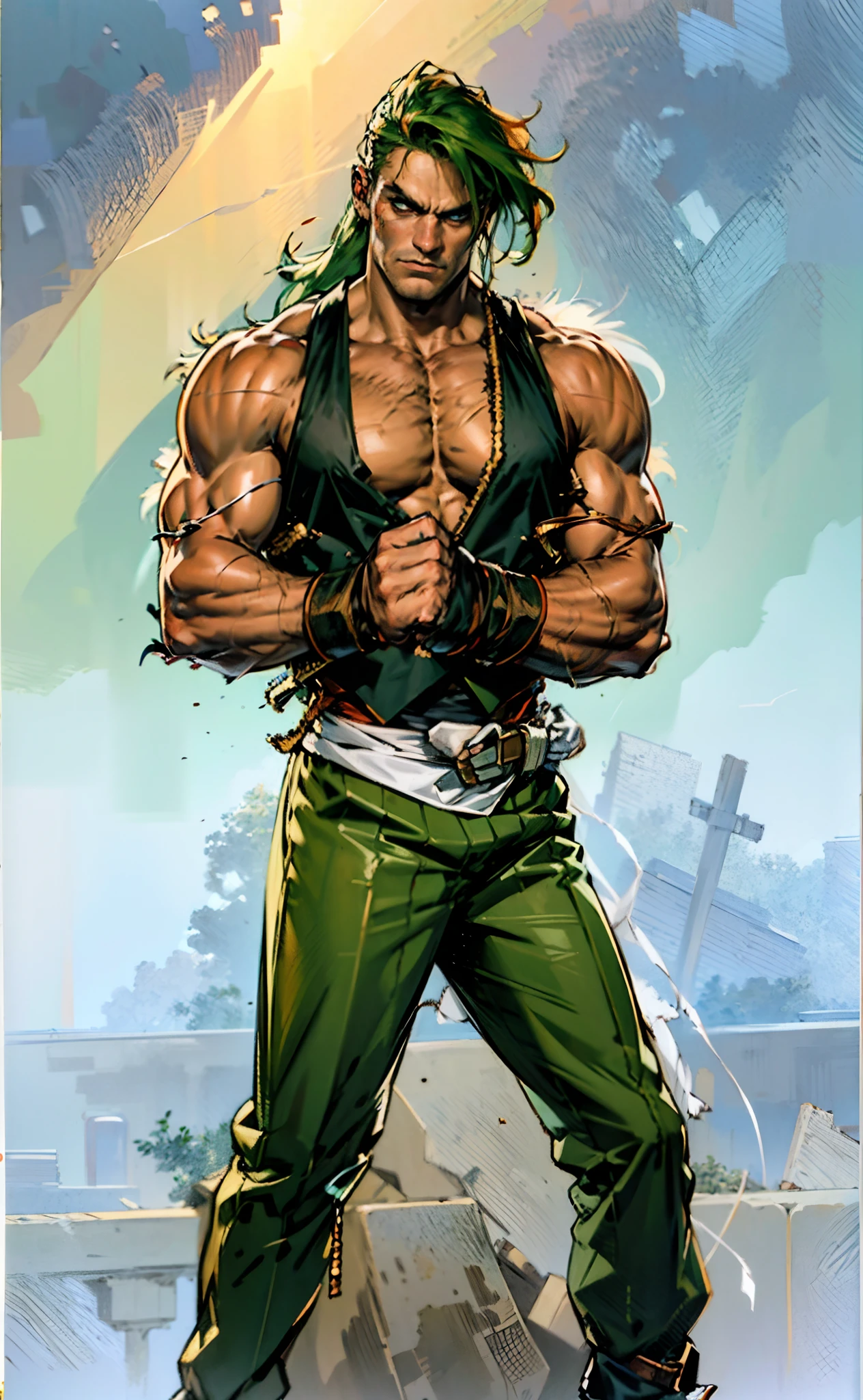 A young man, long orange-green hair, with the lengthy hair bangs covering most of his face, revealing a fierce gaze, a red stripe on the side of his face, a loose and simple sleeveless dark vest, exposing his sturdy muscles, wearing fabric wrist guards, coarse cloth trousers matching the outfit, he clenches his fists in front of his chest, assuming a combat-ready stance, the backdrop features a bustling market in a medieval fantasy-style setting, this character embodies a finely crafted fantasy-style street thug in anime style, characterized by an exquisite and mature manga illustration art style, high definition, best quality, highres, ultra-detailed, ultra-fine painting, extremely delicate, professional, anatomically correct, symmetrical face, extremely detailed eyes and face, high quality eyes, creativity, RAW photo, UHD, 8k, Natural light, cinematic lighting, masterpiece-anatomy-perfect, masterpiece:1.5