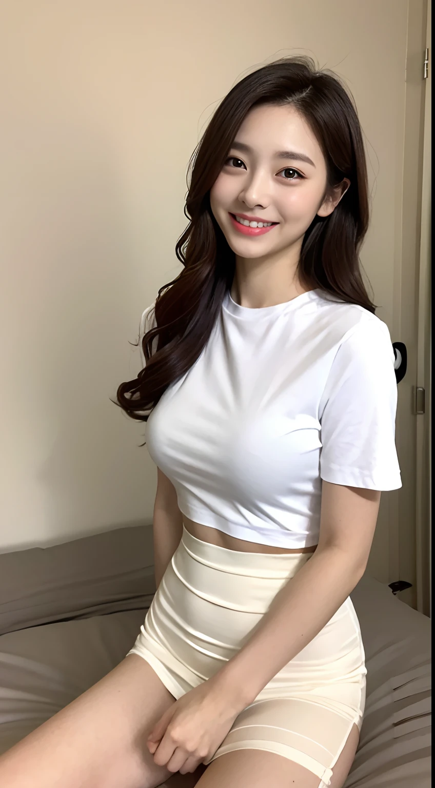 White tight shirt、White tight mini skirt、a bed、a smile、shortsleeves、high-level image quality