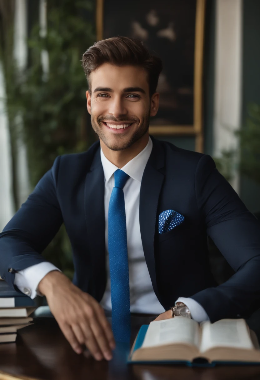 A imagem apresenta um jovem vestindo terno e gravata, Standing in a room. He is smiling and appears to be posing for a photo. O homem tem cabelo curto, Green eyes and is wearing a blue tie, What adds a pop of color to your outfit. He's also holding a book, possibly a Bible, in the hand. The man's attire and accessory give the impression of a formal or professional setting.