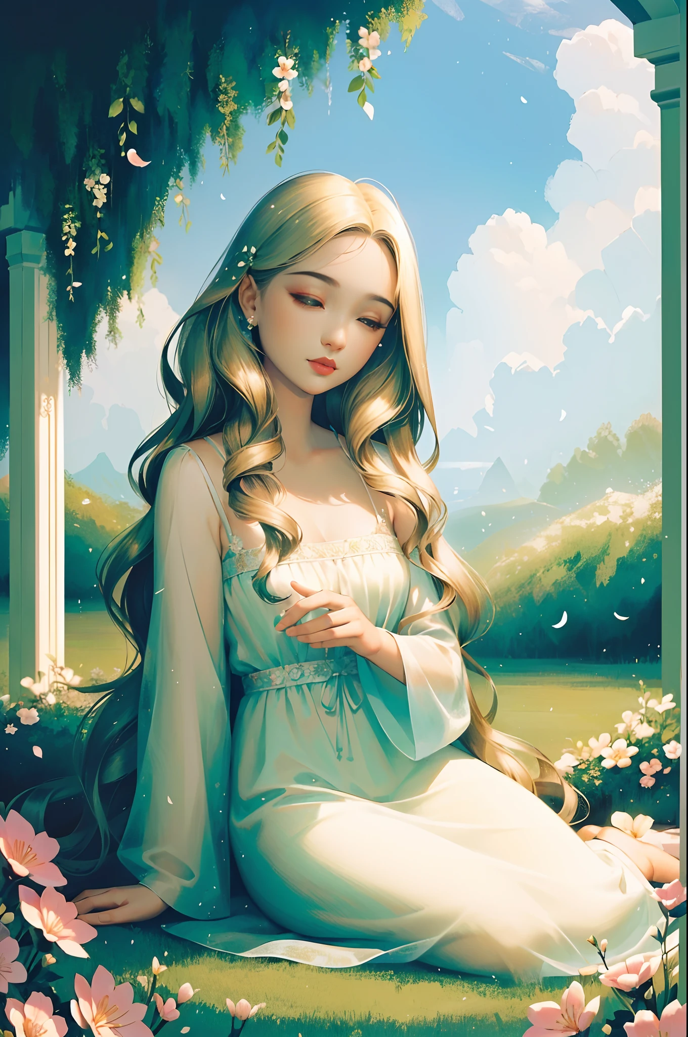 (best quality,high resolution,illustration, long eyelashes, tranquil garden, soft lighting, dreamy atmosphere, magical world, intricate details, gentle smile, summer breeze, happy atmosphere, dewy skin, wavy hair, flowing outfit, blooming flowers, joyful notes, natural portrait, play of light and shadow, serene soul, elegant pose, subtle expression, captivating eyes, alluring smile, immaculate makeup, mysterious blossoms, delicate patterns, horizontal scroll, peaceful ambiance)