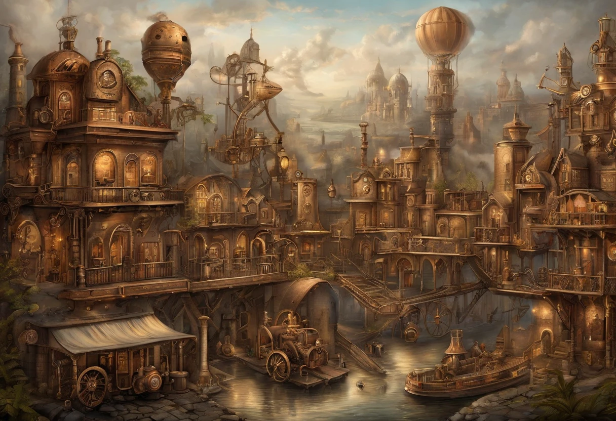 Steampunk town,no human,realistic