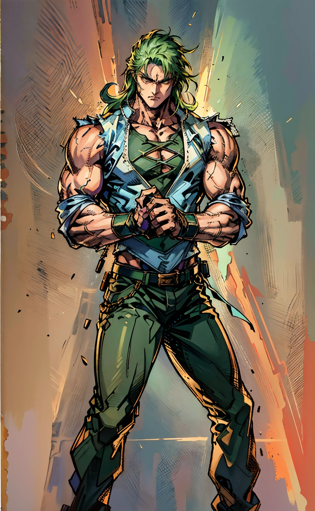 A young man, long orange-green hair, with the lengthy hair bangs covering most of his face, revealing a fierce gaze, a red stripe on the side of his face, a loose and simple sleeveless dark vest, exposing his sturdy muscles, wearing fabric wrist guards, coarse cloth trousers matching the outfit, he clenches his fists in front of his chest, assuming a combat-ready stance, the backdrop features a bustling market in a medieval fantasy-style setting, this character embodies a finely crafted fantasy-style street thug in anime style, characterized by an exquisite and mature manga illustration art style, high definition, best quality, highres, ultra-detailed, ultra-fine painting, extremely delicate, professional, anatomically correct, symmetrical face, extremely detailed eyes and face, high quality eyes, creativity, RAW photo, UHD, 8k, Natural light, cinematic lighting, masterpiece-anatomy-perfect, masterpiece:1.5