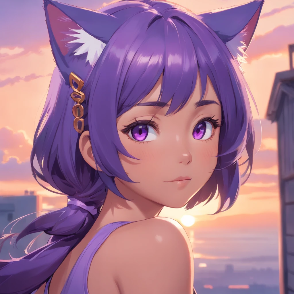 Realistic poster portrait of Massonya, (purple skin color:1.1), Cat ears, Solo, author:JeremyLipking, author:William Bouguereau, (by Alphonse Mucha:0.5), author:D - Art , sfv