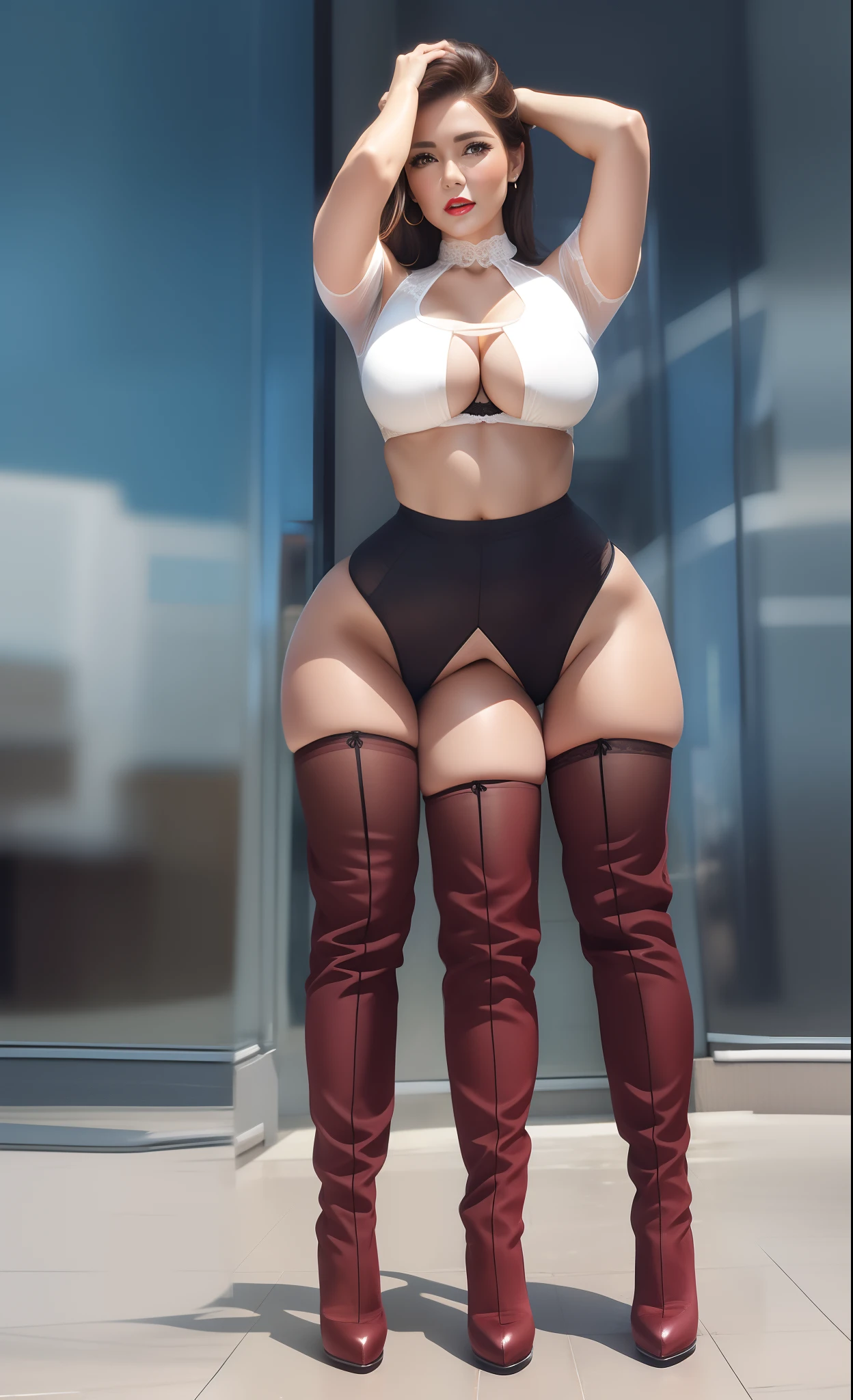 2 heads,Photo of a 50-year-old woman with brown hair, a captivating gaze, Brown eyes, Wrinkles on her face, Black pantyhose,Black High Heel Boots,She wears very sexy lingerie underwear、、Revealing her large sagging breasts, Light makeup and red lips. 32K
