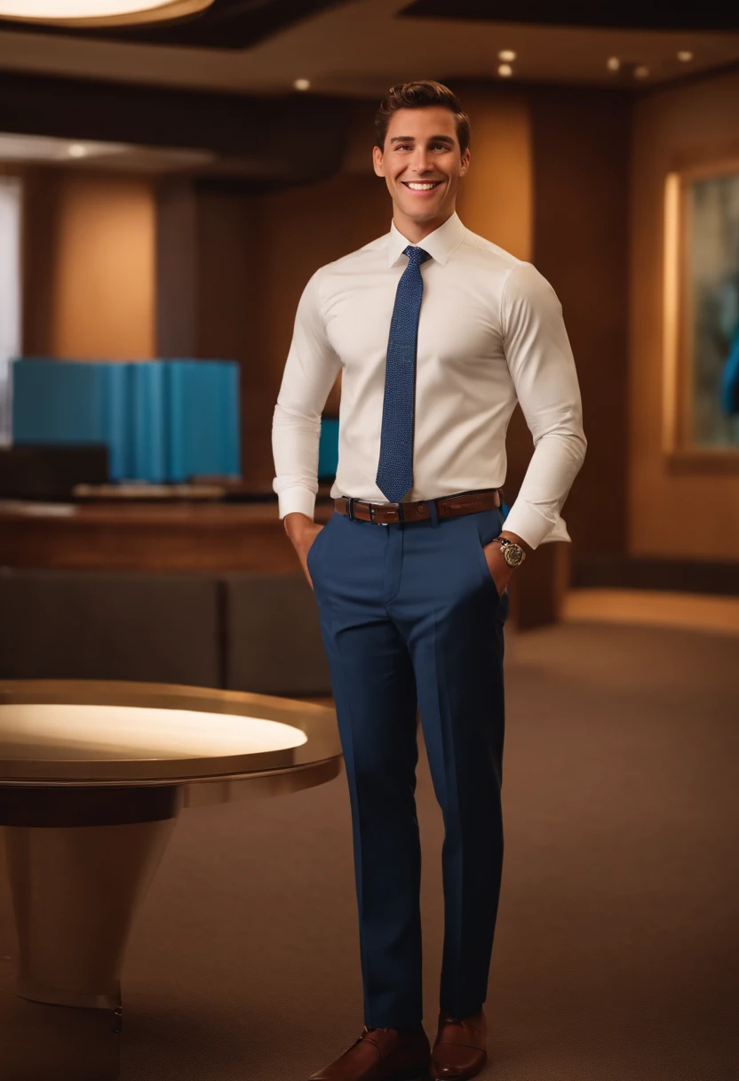 A imagem em formato 3d Pixar apresenta um jovem vestindo terno e gravata, Standing in a room. He is smiling and appears to be posing for a photo. The man has short hair and is wearing a blue tie, What adds a pop of color to your outfit. He's also holding a book, possibly a Bible, in the hand. The man's attire and accessory give the impression of a formal or professional setting.