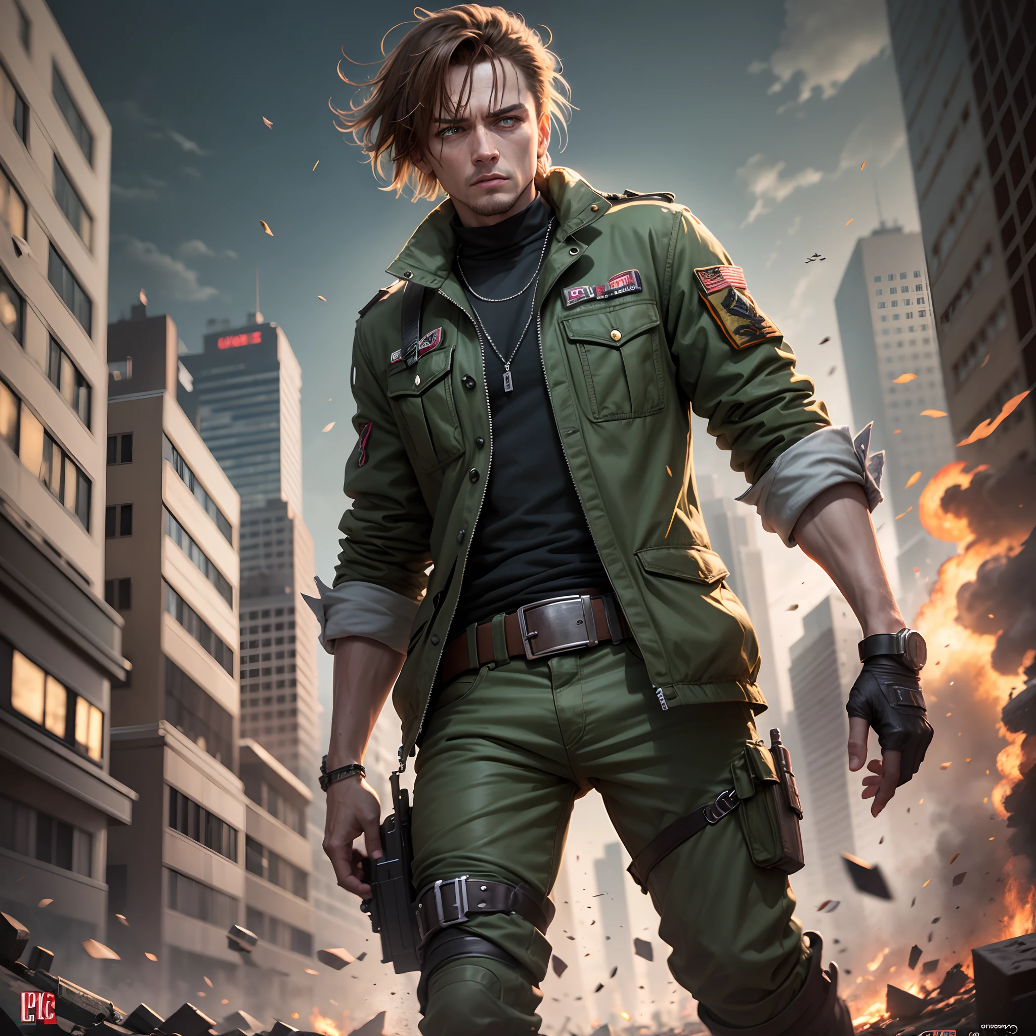 1hombre, Pelo corto((John Connor)), futuristic, Leader of the Resistance, dystopian cityscape, Ambiente oscuro y arenoso, intense action scene, Iconic Army Green Jacket, Red handkerchief on arm, Cicatriz en la cara cerca del ojo , epic battle, Explosiones, Post-apocalyptic setting (terminador), Suspenseful chase sequence, Dramatic lighting, Dramatic camera angles, Momentos llenos de adrenalina." --auto --s2