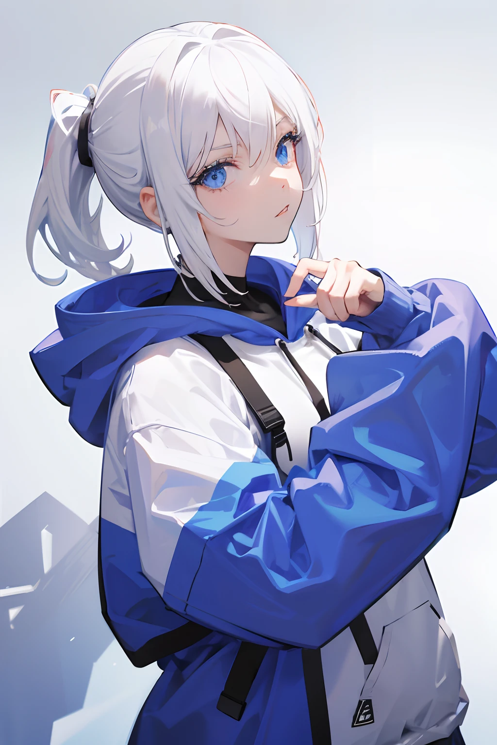 1girl, hoodie, blue eyes, white hair, pony tail, ultrasharp, short hair, 8k, looking at viewer, pretty eyes, perfect hands, mean stare