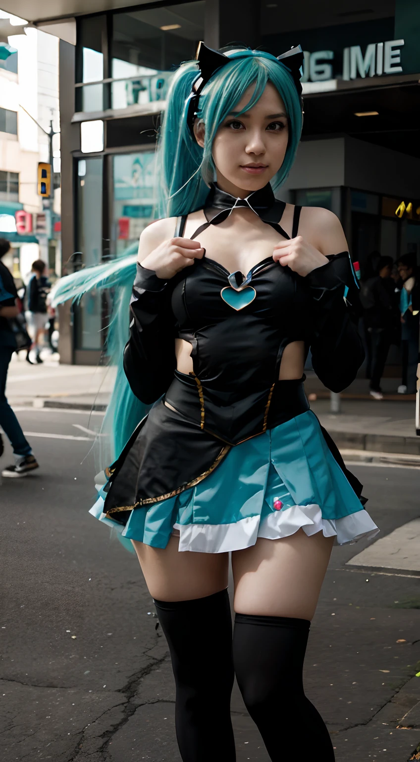 cosplayer with good costume and good dynamic pose, hatsune miku