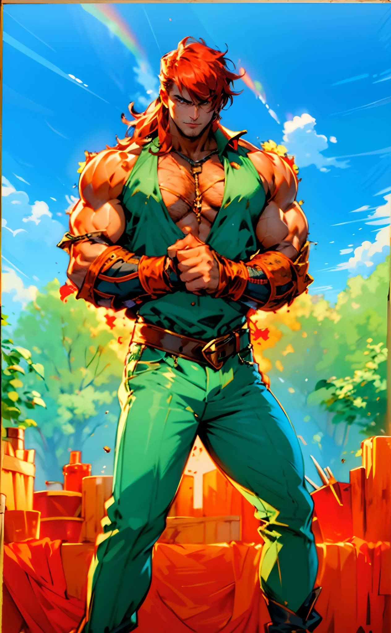 A young man, long orange-green hair, with the lengthy hair bangs covering most of his face, a fierce gaze, a wild smile, a red stripe on the side of his face, a loose and simple sleeveless dark vest, exposing his sturdy muscles, wearing fabric wrist guards, coarse cloth trousers matching the outfit, he clenches his fists in front of his chest, assuming a combat-ready stance, the backdrop features a bustling market in a medieval fantasy-style setting, this character embodies a finely crafted fantasy-style street thug in anime style, characterized by an exquisite and mature manga illustration art style, high definition, best quality, highres, ultra-detailed, ultra-fine painting, extremely delicate, professional, anatomically correct, symmetrical face, extremely detailed eyes and face, high quality eyes, creativity, RAW photo, UHD, 8k, Natural light, cinematic lighting, masterpiece-anatomy-perfect, masterpiece:1.5