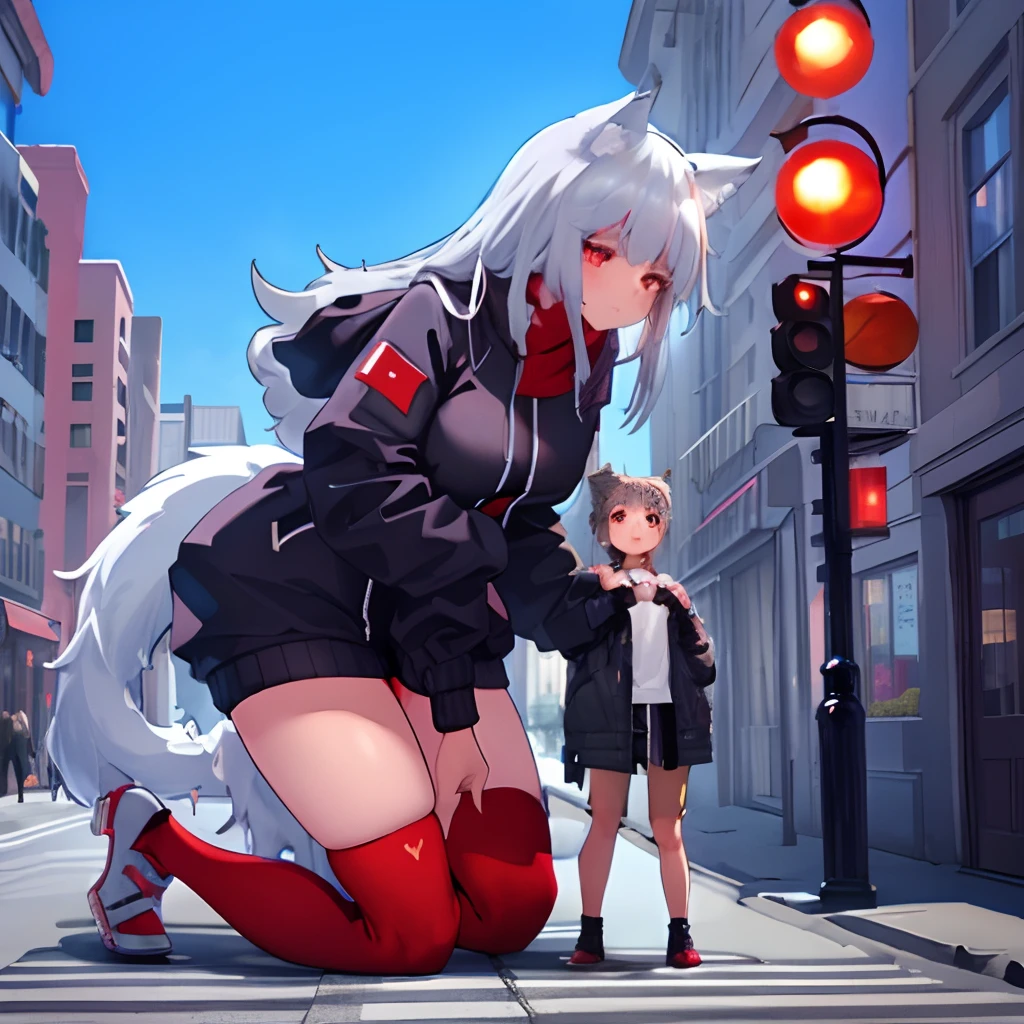 (tall female ,size difference:1.3), jacket, (standing next to small man), (small man leaning on leg), kneeling in a street,wolf girl, red eyes, grey hair, small breast