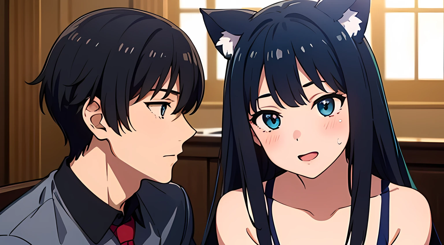 (1 nekomimi girl dating with a guy, without human ears),(beautiful eyes finely detailed, Face to detail, Blue hair, long hair), wearing summer style dress, dating with you, dating on cafe, and happy facial expression, blush on her face, camera angle from front, looking at you, masterpiece, top-quality, detailed, High resolution illustration
