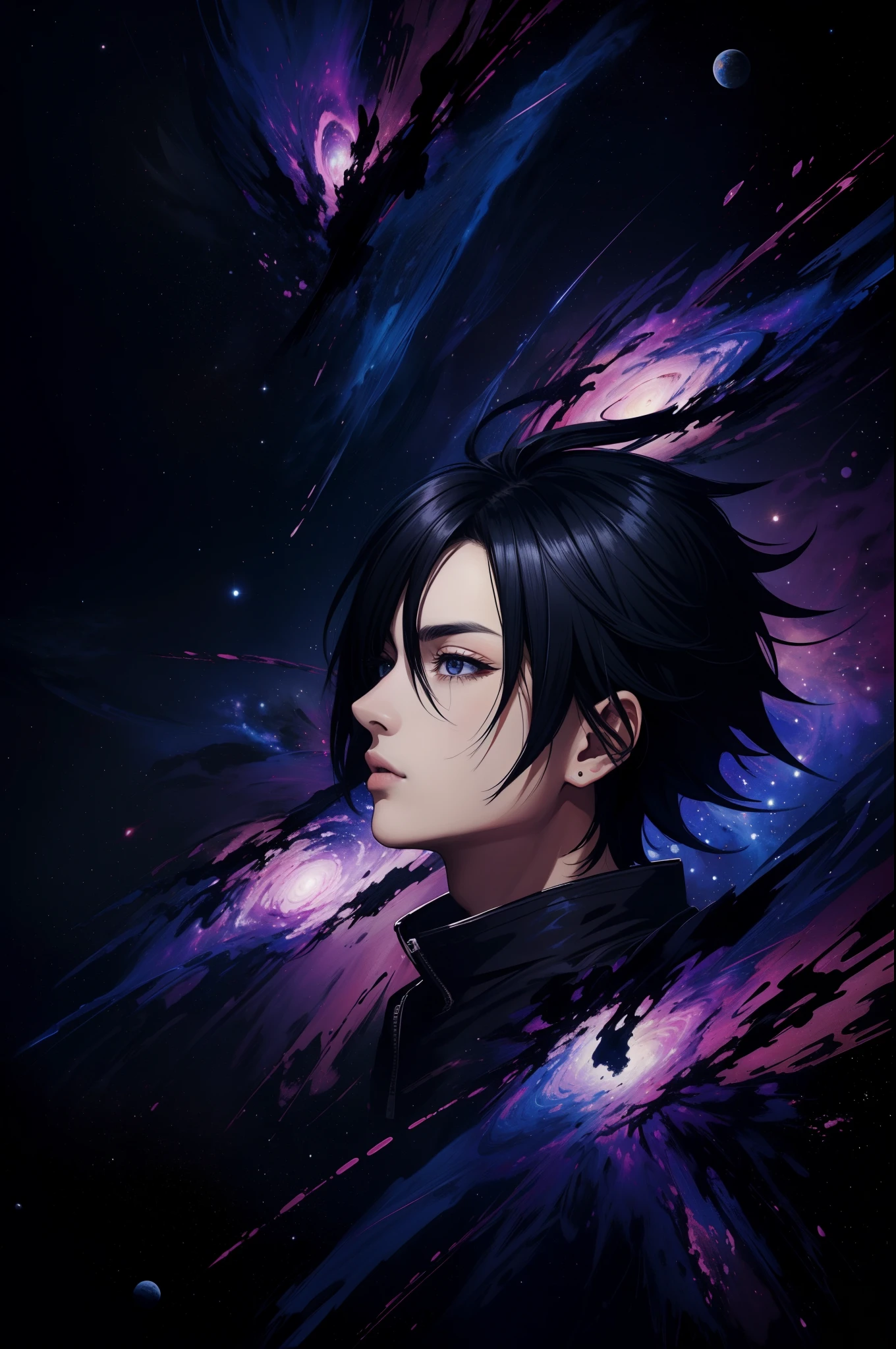 masterpiece, best quality, ultra high res, (abstract art:1.3), (dark theme:1.2), art, stylized, deep shadow, dark theme, sasuke, sharingan activated, cosmic beauty, in space, nebula