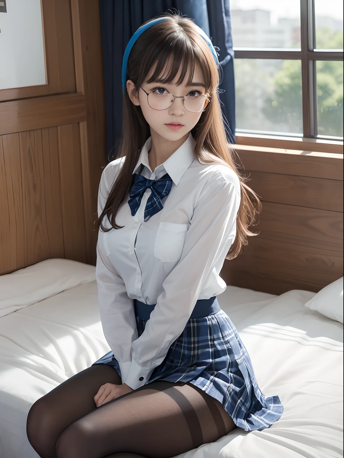 (Underwear is visible)、((Narrow-eyed))、((Narrow-eyed))、((Narrow-eyed))、(8K、Raw photography、top-quality、masterpiece:1.2),、Has a small、(flat breast)、(flat breast)、(flat breast)、(flat breast)、(flat breast)、(being thin)、light skinned、skin whitening、Dark look、Rasping,glamor,Chromo-white skin,cocky,School,watching at viewers,Looking at the front,Muchimuchi,High-pitched clothing,Erotic,Pupils,de pele branca,kne,((Black pantyhose)),absurderes,a small face,,Forehead visible,Bangs hanging from the left and right sides of the forehead,(a cold expression,Tight eyes,glares,Bullish,irate)、masterpiece,top-quality、超A high resolution,Raw photo,ren,Beautiful fece,One Person, 独奏,eye glass,,Dark look,Small breasts,fullllbody,Round glasses,JK school uniform,hi-school girl,A Japanese Lady,is standing,(Photorealsitic:1.37)、Photon mapping,Realistic、Beautie,Cute little face,Brown-eyed、Black socks、(Red bow tie)、Radio City、Physically Based Rendering、depth of fields、Blurry background、a picture,Body,beauty legs, Long legs, Thin leg,(Bangs are visible), hair, s lips, Blue_The eye, nosesoft,(Light blue shirt), (Navy and blue and white plaid pleated skirt), Knees are visible,Sheer clothing,, Thigh, Black cotton socks,Nogizaka Idol, 女優, Japanese ido