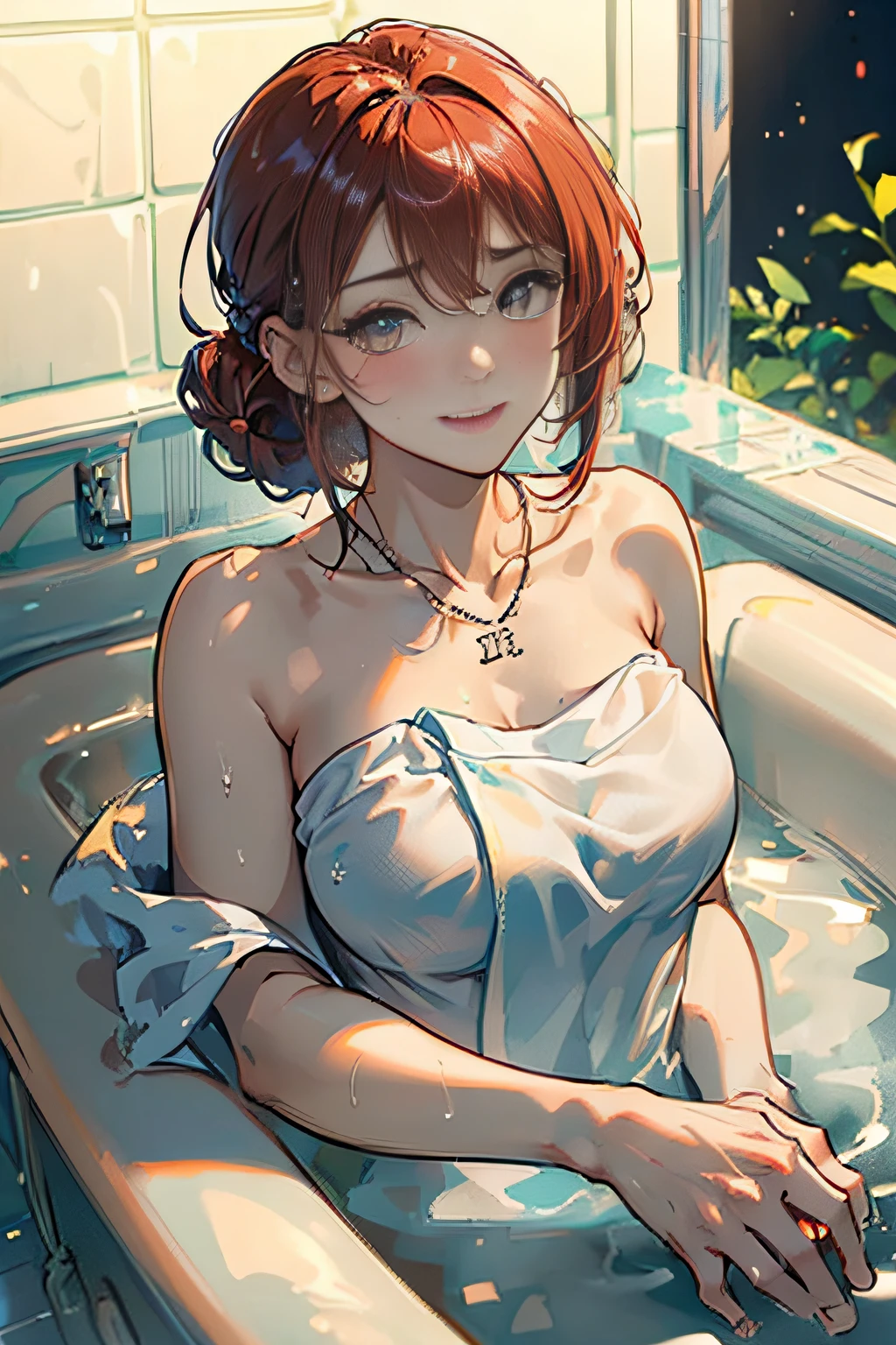 (((Shoulder deep immersion in your home unit bath:1.7))),(((flannel:1,7))),(((Hide your chest with a towel:1.7))),(((Night lighting:1.3))),breast slip,Blushing cheeks、shyly smile,bbw,(beautiful a girl)、(Short hair in shiny silver and orange inner colors,Floral hair ornament,Floral braided top knot,Twisted Side Part Ponytail,Floral braided headband,half up、Floral Braided Space Van,Voluminous Fishtail Braids,Twisted chignon,),(Bangs are see-through bangs),(((emphasizing breasts:1.3))),(Dynamic angles),(Dynamic and sexy poses),(bending forward:1.3),(((Dignified statue))),(((hair pin,a necklace,piercings))),Colossal tits,Blush with embarrassment,Enraptured eyes,A smile that beguiles the viewer,skin glistening with sweat,gazing at viewer,Upper body naked,48yo ,Upper body naked,Disturbance of clothing due to movement,pointed red mouth,Perfect round face,,Proper body proportion,Intricate details,Very delicate and beautiful hair,photos realistic,Dreamy,Professional Lighting,realistic shadow,Solo Focus,Beautiful hands,Beautiful fingers,Detailed finger features,detailed clothes features,Detailed hair features,detailed facial features,(masutepiece,top-quality,Ultra-high resolution output image,) ,(The 8k quality,),(Sea Art 2 Mode.1),(Image Mode Ultra HD,)