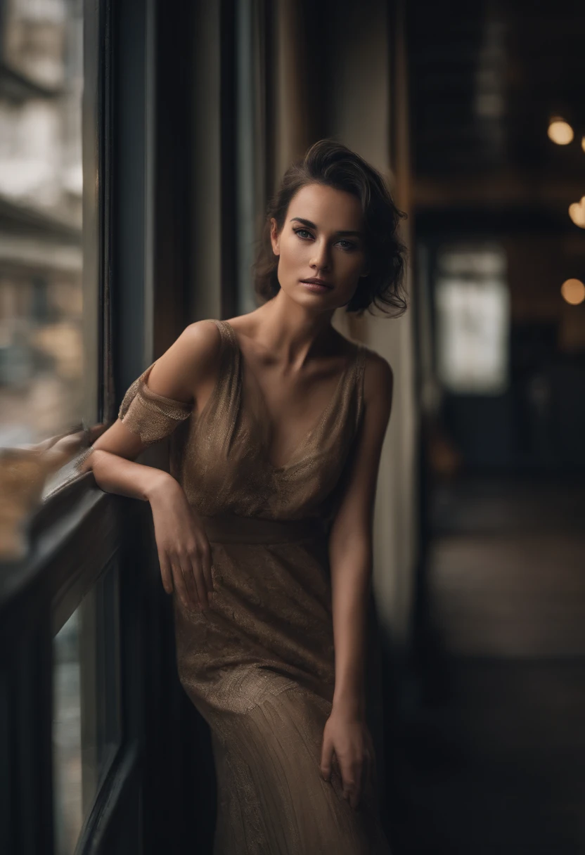 short detailed hair，hair flowing，The eyes are gloomy，Thin face，The background is the city