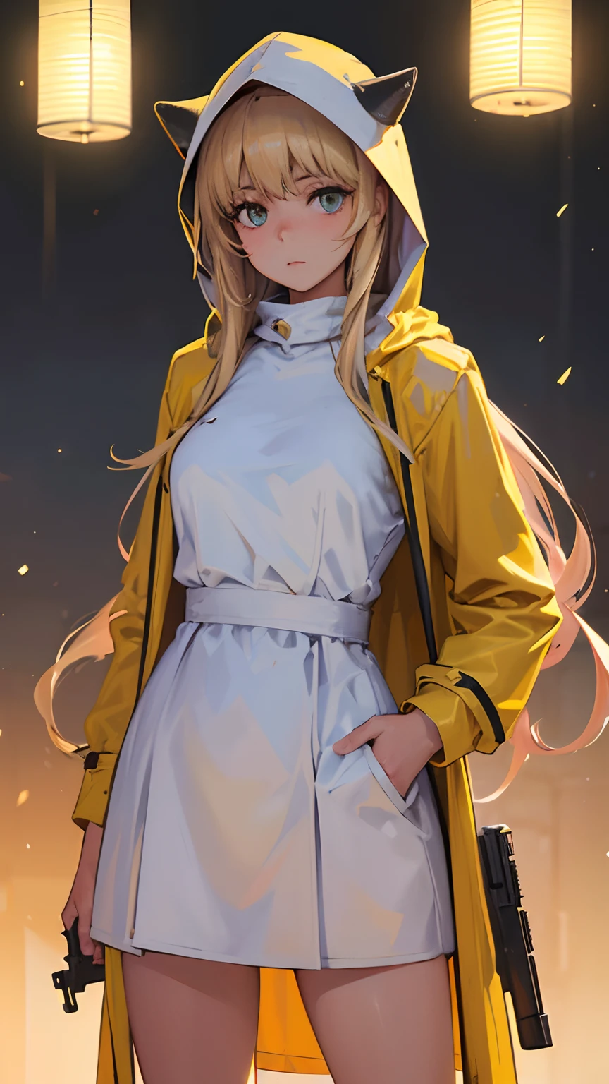 ((Realistic lighting, best qualtiy, 8K, tmasterpiece:1.3)), sharp fokus:1.2, 1girll, Beautiful Women with Perfect Figure:1.2,Surrealist portraits of women，（1girll) ，small breasts，marron marron，Dewy skin，Snow-white skin，Long wavy blonde, wearing yellow raincoat full cover, hoodies on head, grabbing a rifle, holding a rifle, lighting from top,