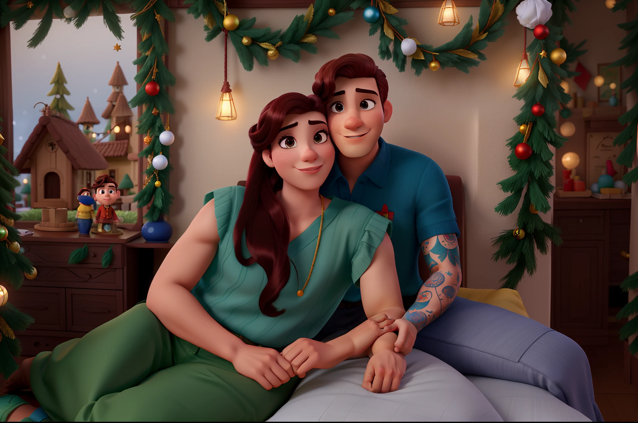 Casal (homem moreno e mulher branca com cabelo ruivo) no ambiente de natal com muitas luzes no estilo Disney Pixar, alta qualidade, melhor qualidade.