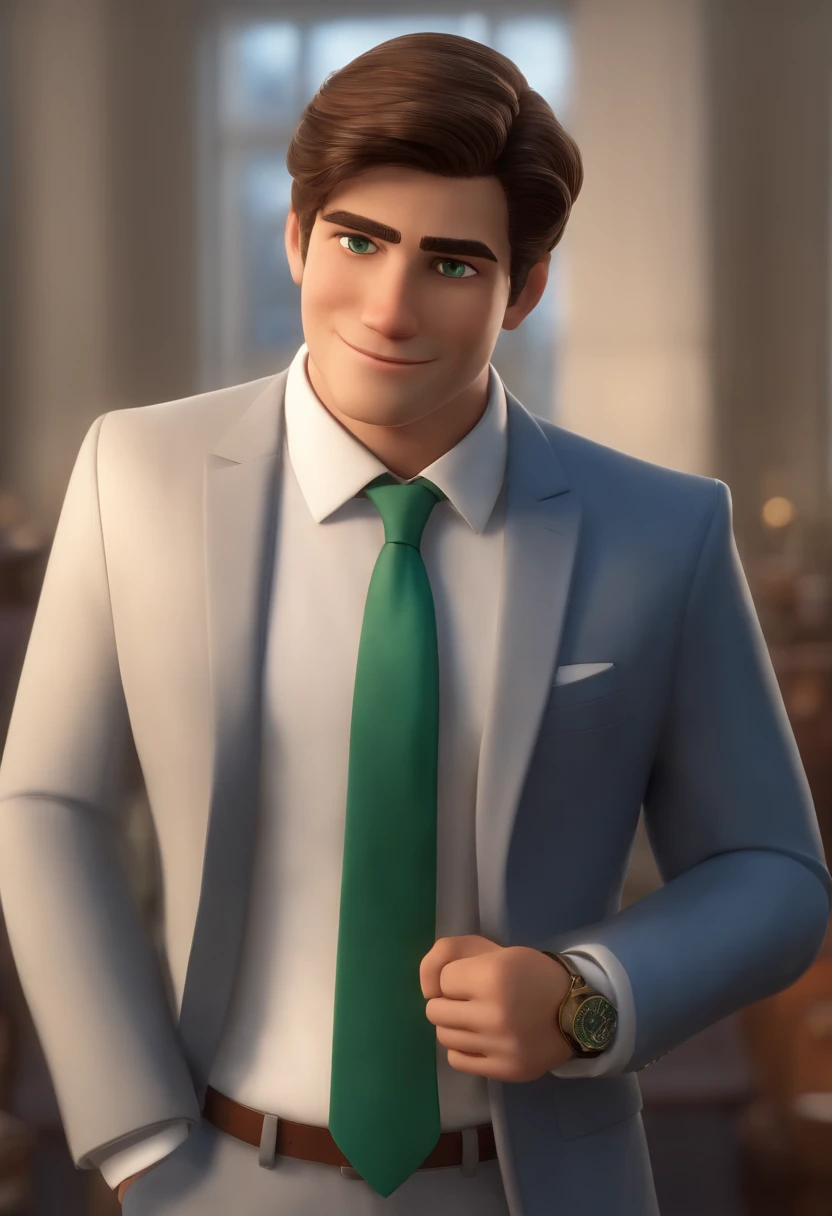 The image is 3D format Pixar features a small young man wearing suit and tie, Standing in a room. He is smiling and appears to be posing for a photo. O homem tem cabelo curto, Green eyes and is wearing a blue tie, What adds a pop of color to your outfit. He's also holding a book, possibly a Bible, in the hand. The man's attire and accessory give the impression of a formal or professional setting.