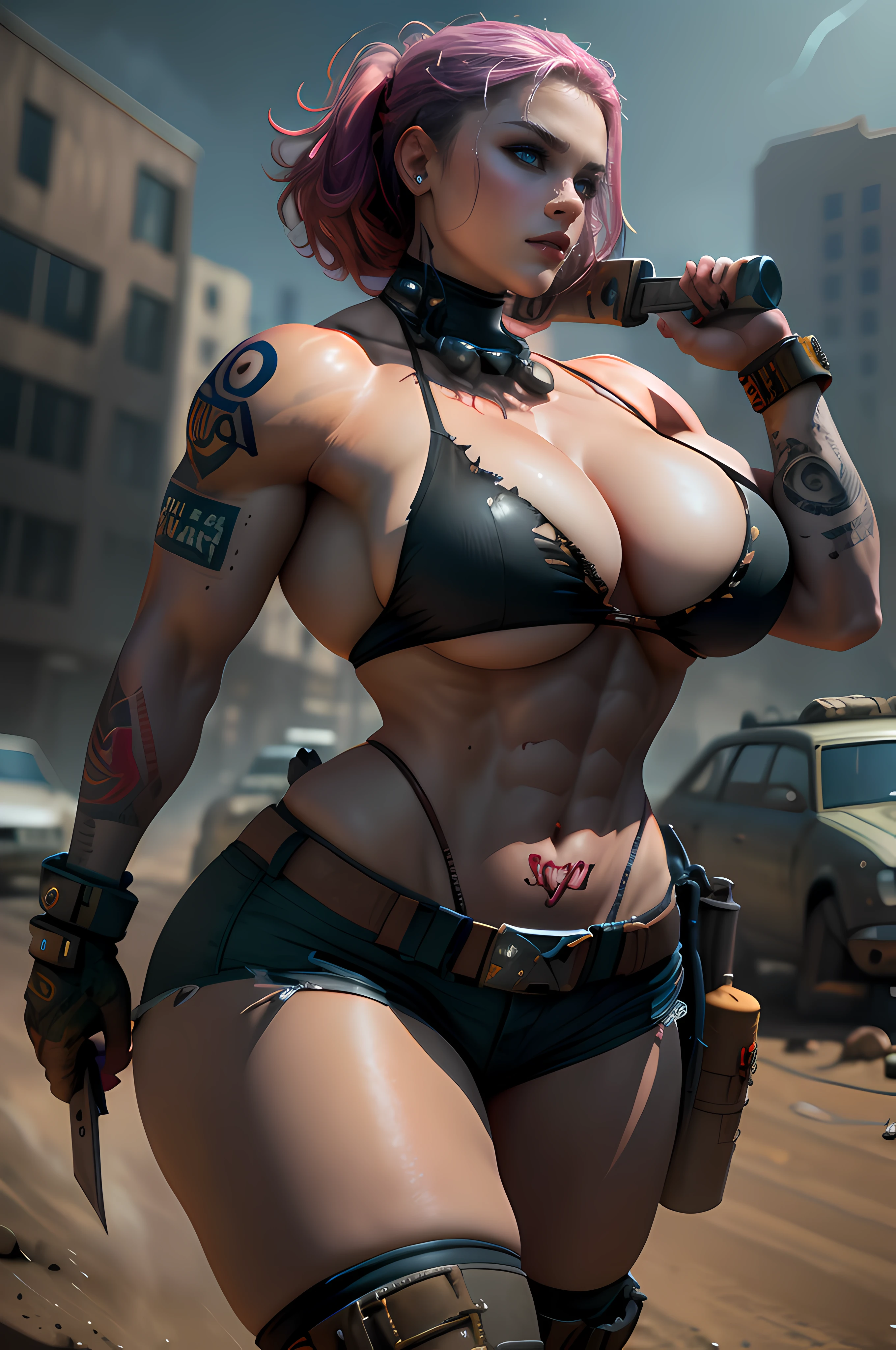 (((tattoos))), (((european face, ultra-large square jaw line ))), woman walking with determination, torn post-apocalyptic military ripped uniform, combat jacket with ripped holes, combat-pants with ripped holes, (wearing weapons and explosives), ((extravagant breasts)),((huge tits)), ((giant boobs)), heavy intense makeup, bodybuilder abs, Futuristic sci-fi post-apocalyptic world, beautiful female evil creatures, madmax movie ,brutal violent dark cyberpunk dramatic background, (((photorealistic cinematic unreal engine))),