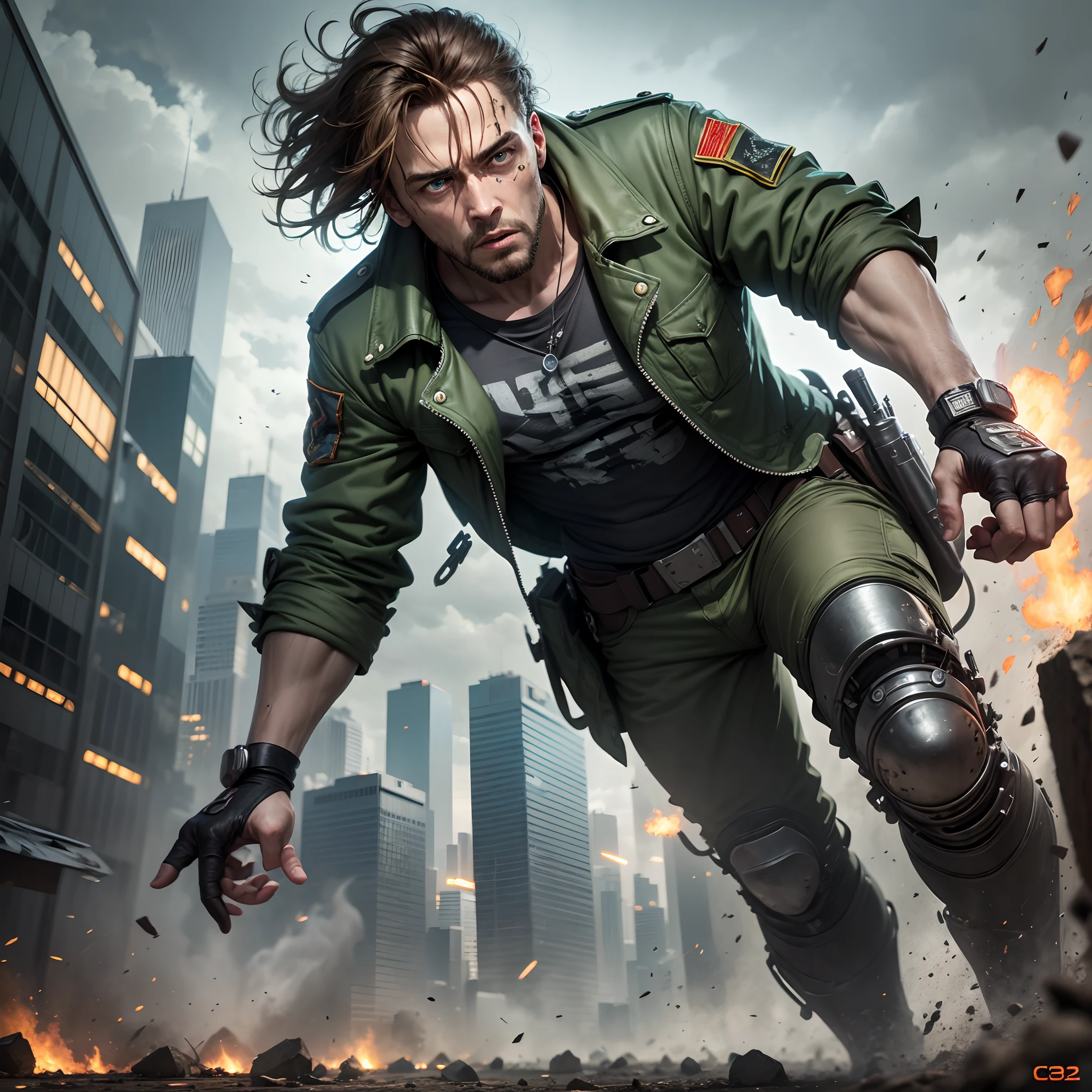 1hombre, Pelo corto((John Connor)), futuristic, Leader of the Resistance, dystopian cityscape, Ambiente oscuro y arenoso, intense action scene, Iconic Army Green Jacket, Red handkerchief on arm, Cicatriz en la cara cerca del ojo , epic battle, Explosiones, Post-apocalyptic setting (terminador), Suspenseful chase sequence, Dramatic lighting, Dramatic camera angles, Momentos llenos de adrenalina." --auto --s2