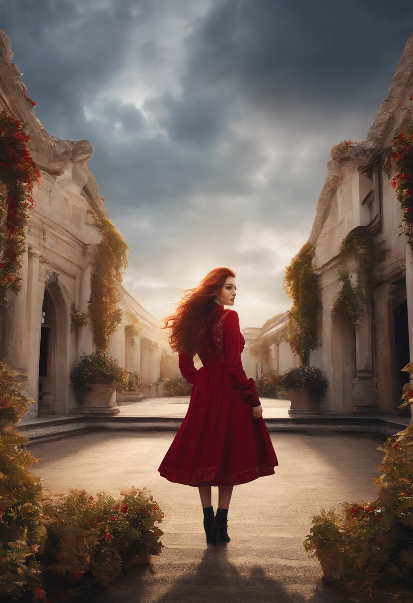 ((Masterpiece,Best quality)),8K wallpaper,1girll, Long hair, Red hair, Solo, dress, Red eyes, view the viewer, Long sleeves, standing, Building, White dress, mitts, hair adornments, Black jacket, Smile, Floating hair, Dutch angle, Closed mouth, looks away, Outdoors