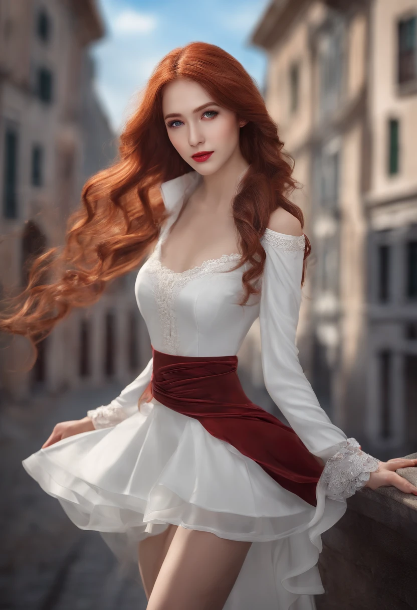 ((Masterpiece,Best quality)),8K wallpaper,1girll, Long hair, Red hair, Solo, dress, Red eyes, view the viewer, Long sleeves, standing, Building, White dress, mitts, hair adornments, Black jacket, Smile, Floating hair, Dutch angle, Closed mouth, looks away, Outdoors