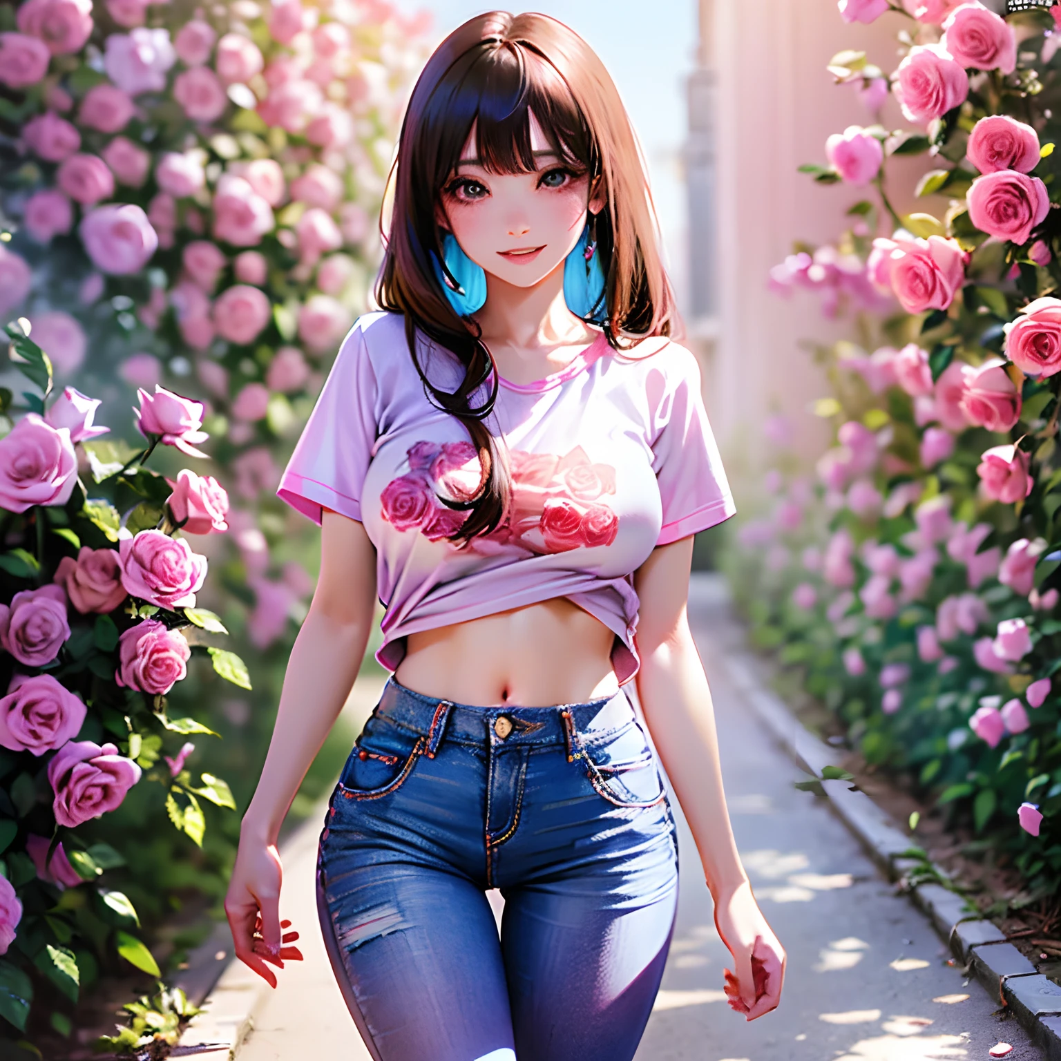 (((rose garden,Pink roses are blooming,Pink T-shirt,Hide underwear,denim hot-pants))),((独奏,stroll)),((masutepiece,Full body,Wide background,Far angle)),Beautiful detailed skin,Perfect human anatomy,perfect hand,beautiful boob,saggy tits,portrait of a beautiful woman,Perfect face,(Cute smile,Bright smile),Cute look,Cute emotions,Think,(blush),enticing lips,Perfect eyes,Cinematic scene,Cinematic,fulcolor,4K,8K,Raw photo,Studio portrait,professionally color graded,Professional Photography,(an extremely delicate and beautiful art)1.3,Elegant,Active Angle,Soft light,Lens Glow,soft clean focus,Realistic lighting and shading,Best Quality,top-quality,hight resolution,(1girl in:1.3)
