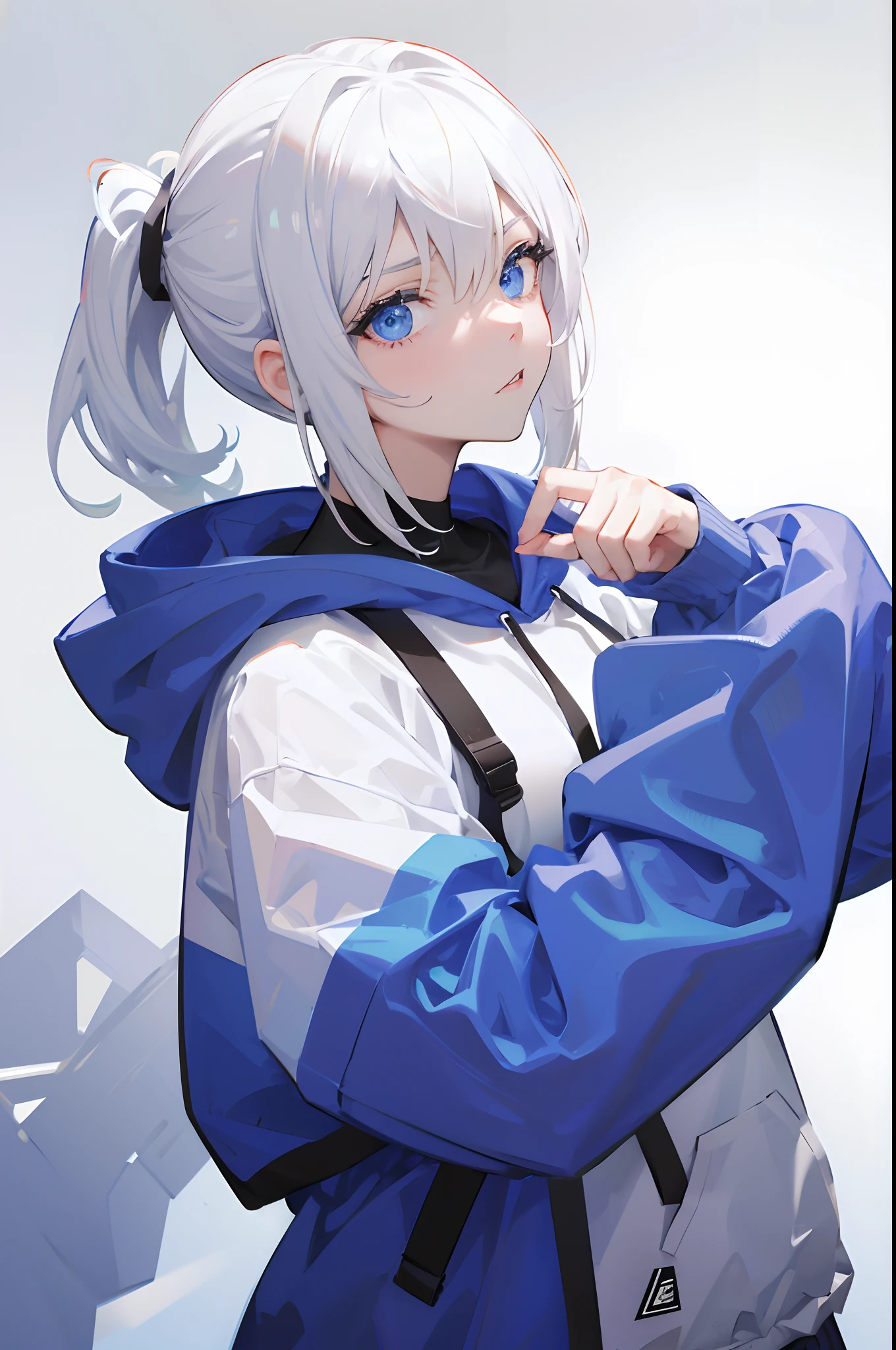 1girl, hoodie, blue eyes, white hair, pony tail, ultrasharp, short hair, 8k, looking at viewer, pretty eyes, perfect hands, mean stare